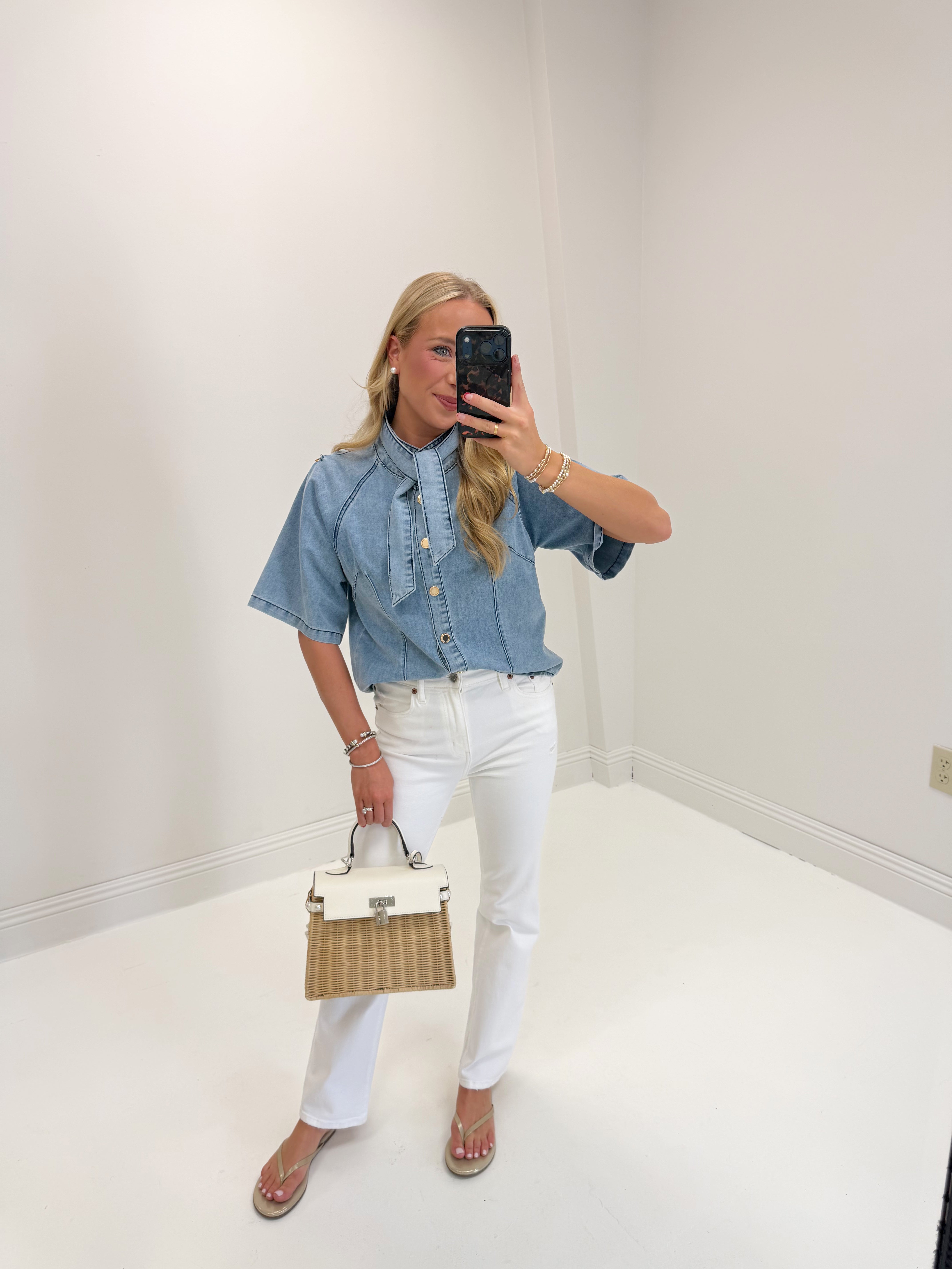 Denim Tie Top with Gold Snap Buttons