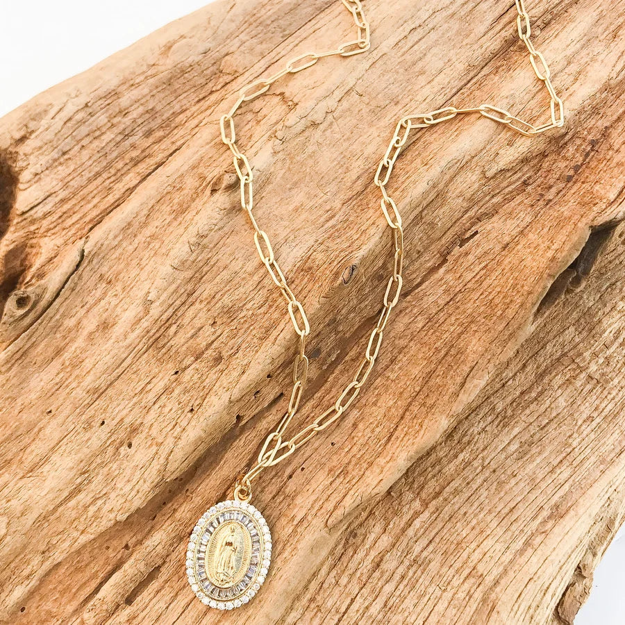 Virtue CZ Mary on Small Paperclip Necklace