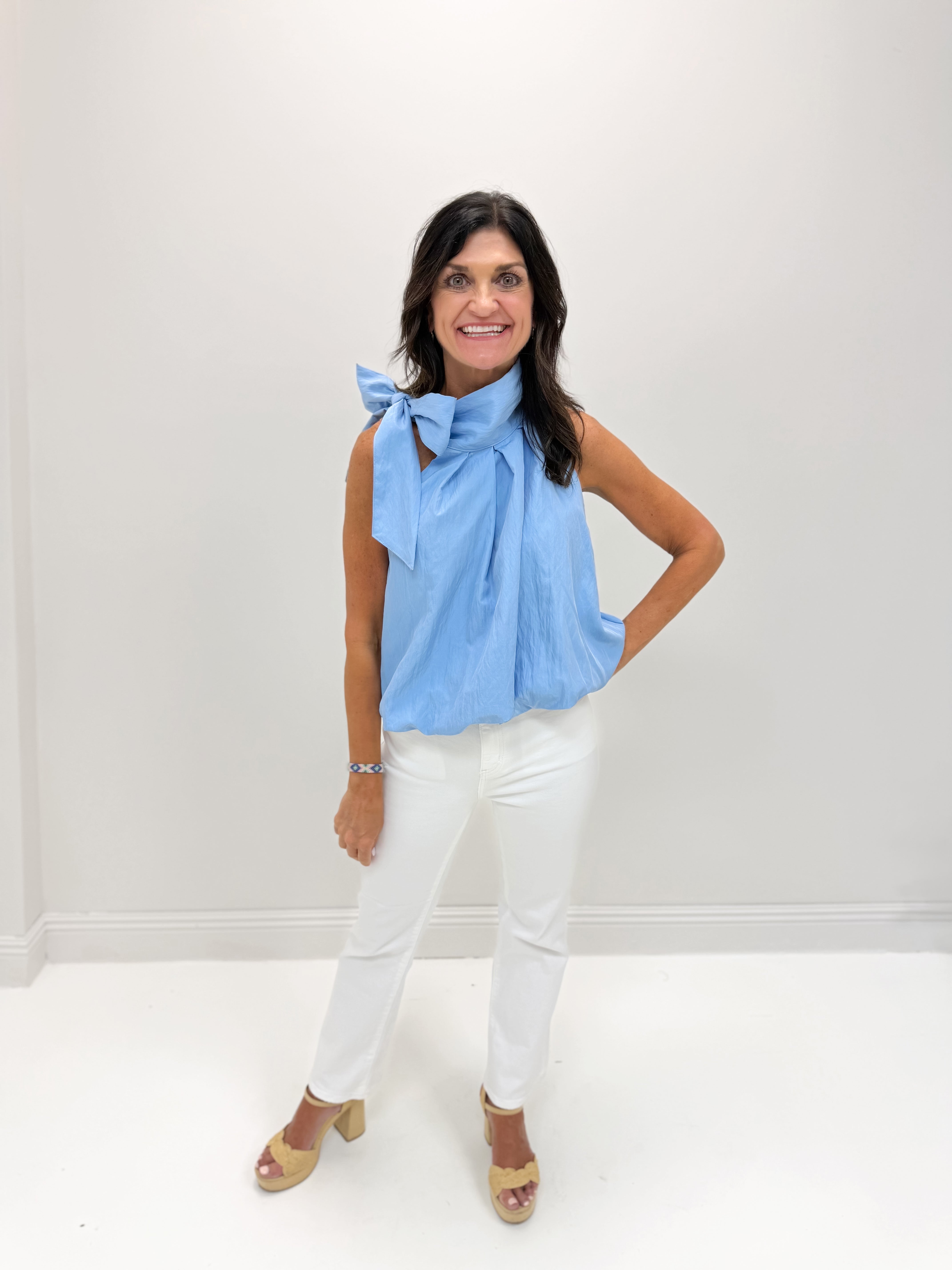 High Neck Tie Wrap Sleeveless Top - Blue