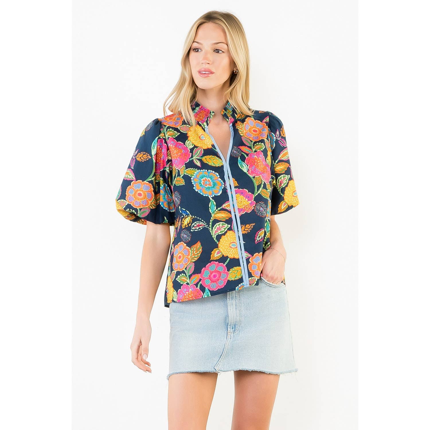 Puff Sleeve Floral Pattern V-Neck Top - Gabrielle's Biloxi