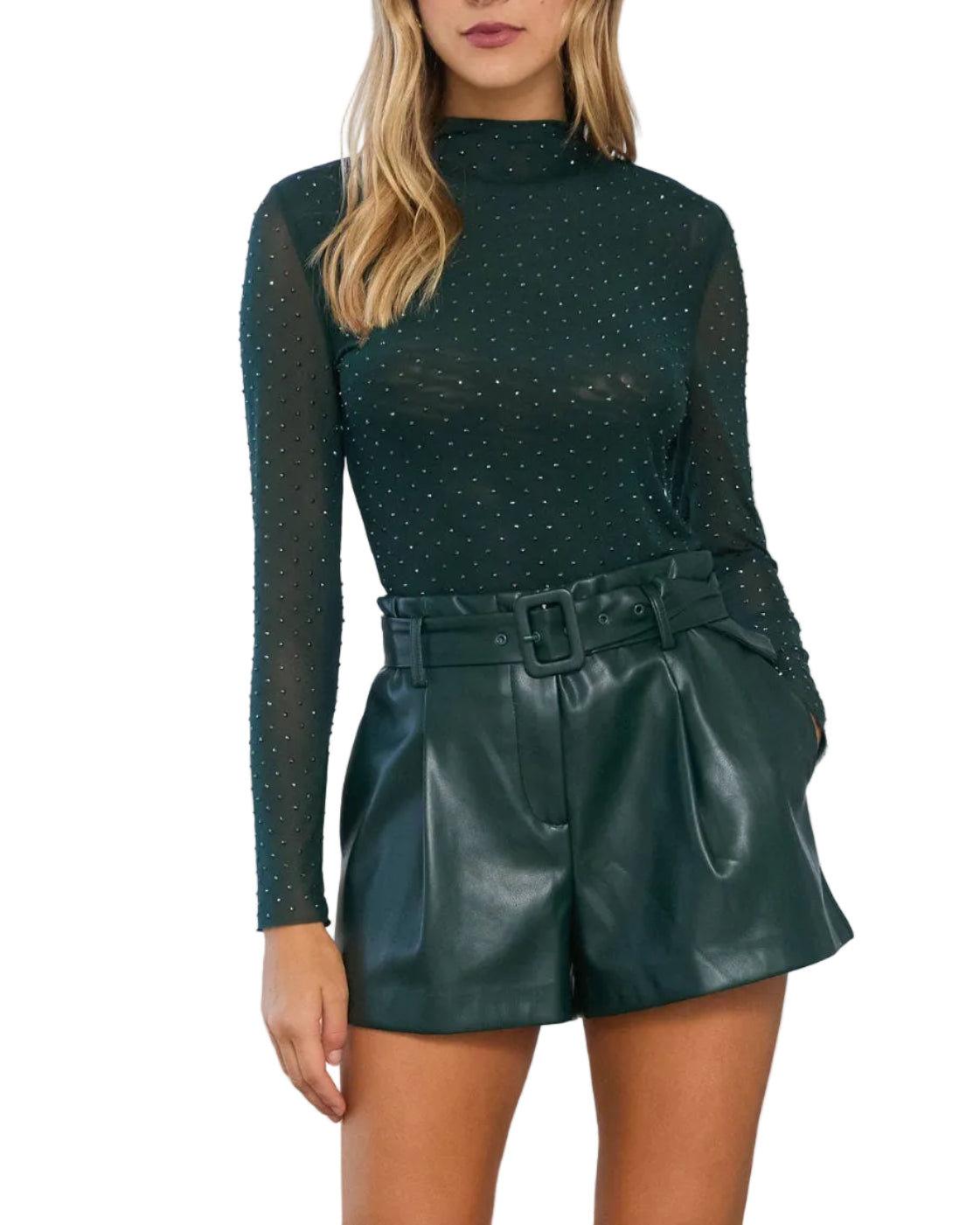 Rhinestone Embellished Mesh Mock Neck Top - Hunter Green