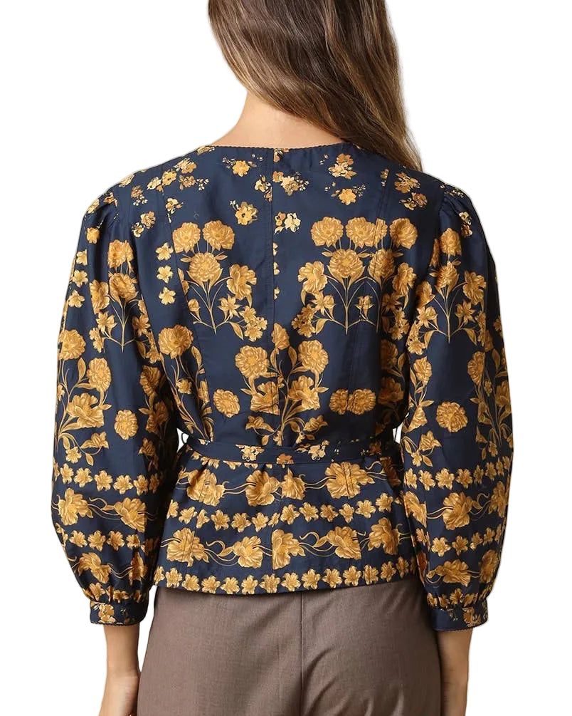 Amara Floral Tie Waist Peplum Blouse - Navy Gold