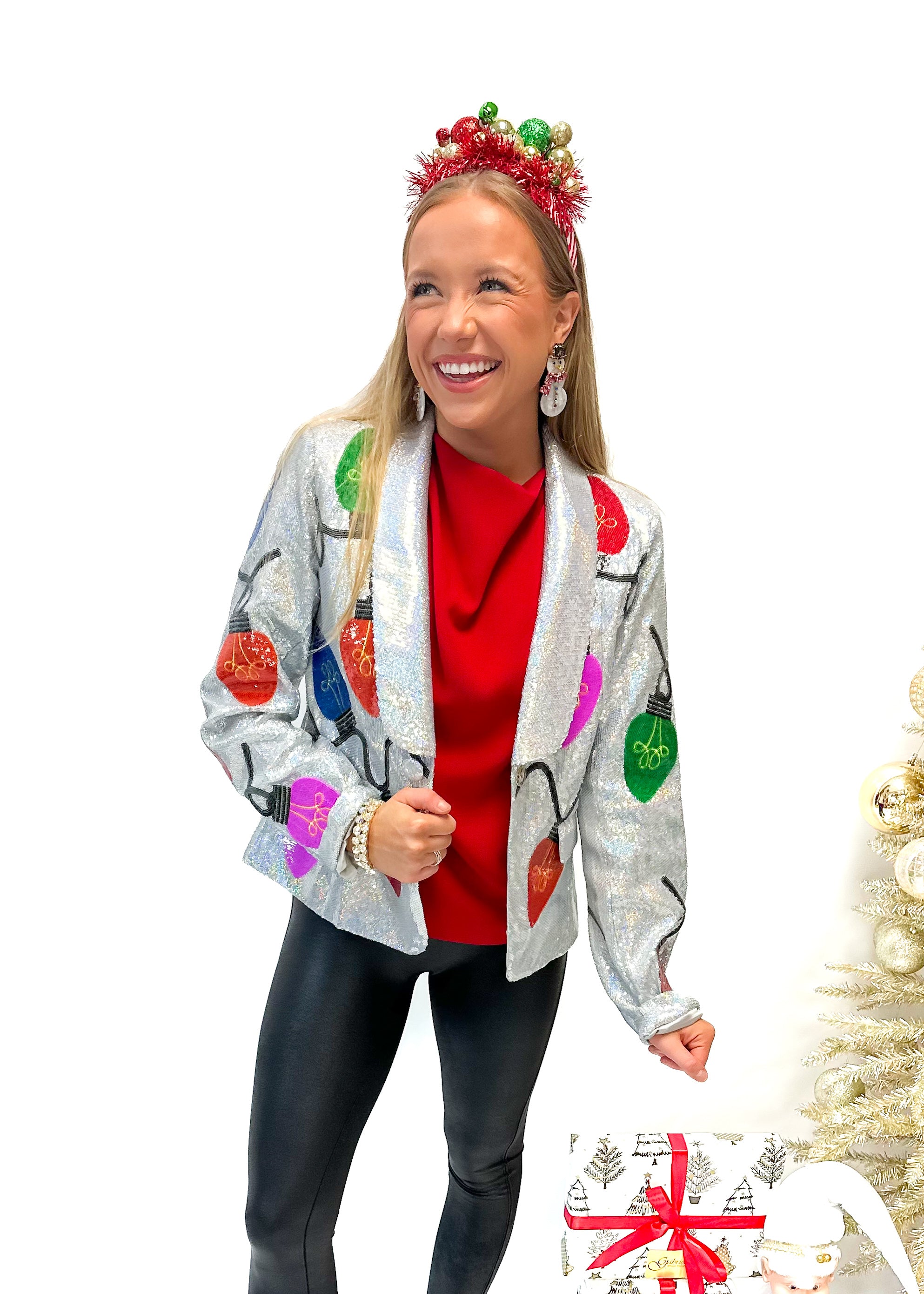 Queen of Sparkles Silver Sequin Christmas Light Blazer - Gabrielle's Biloxi