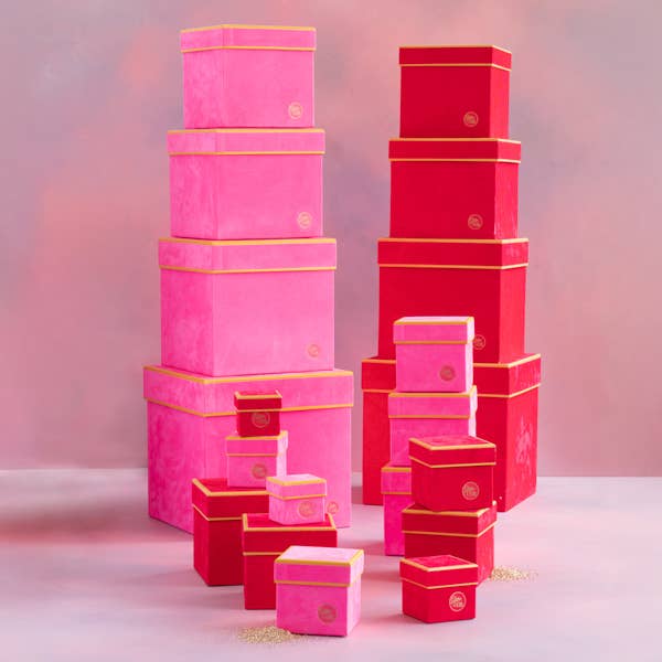Glitterville Flocked Boxes, Set of 10, Red / Pink Assortment