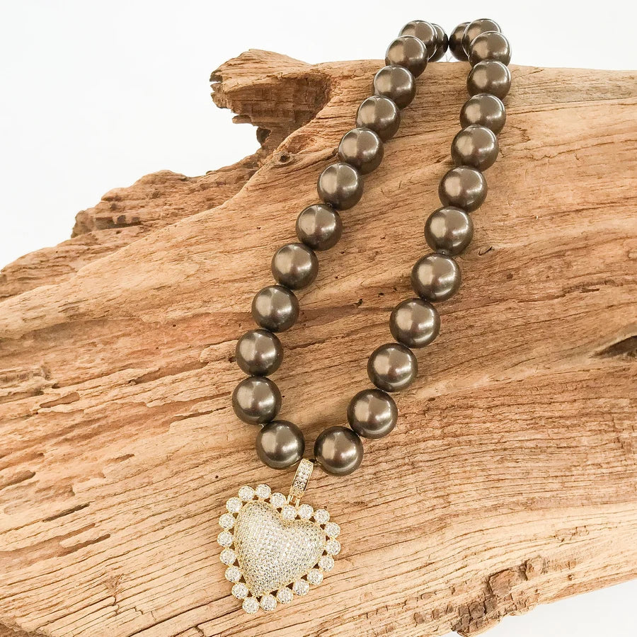 Virtue CZ Heart on Jumbo Round Shell Pearl Necklace - Chocolate