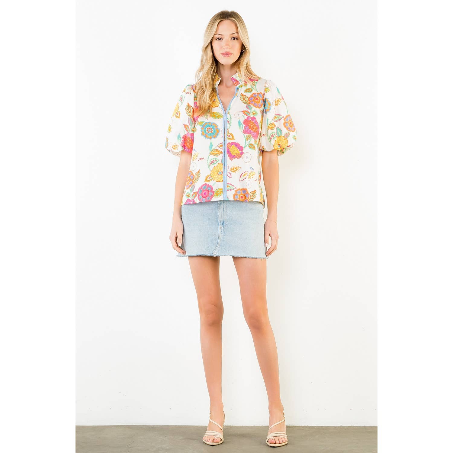 Puff Sleeve Floral Pattern V-Neck Top - Gabrielle's Biloxi