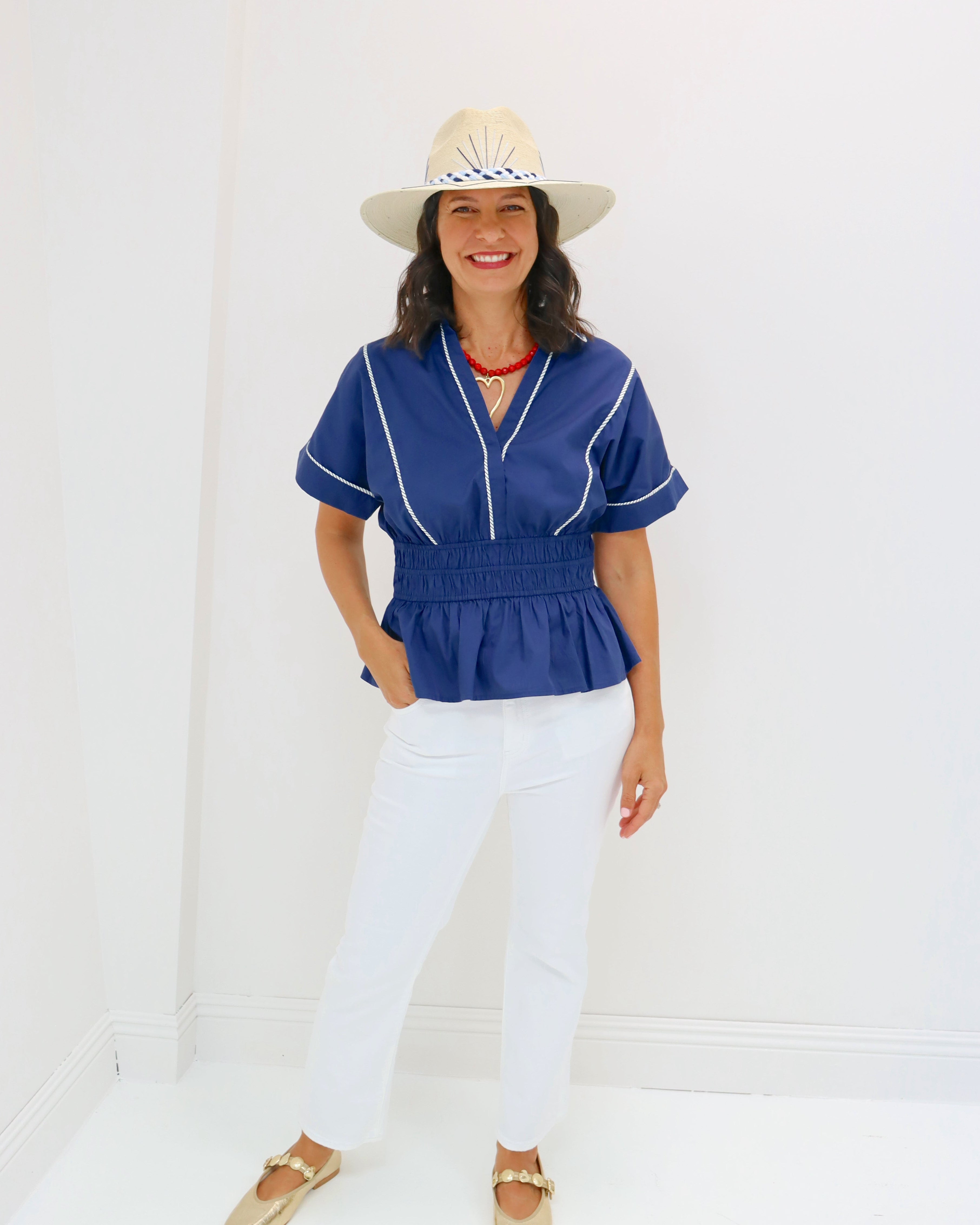Navy Cinched Waist Blouse
