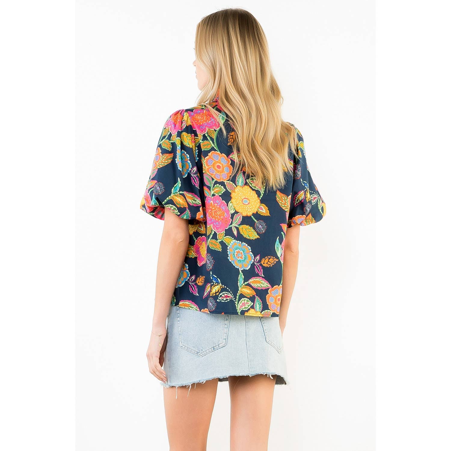 Puff Sleeve Floral Pattern V-Neck Top - Gabrielle's Biloxi