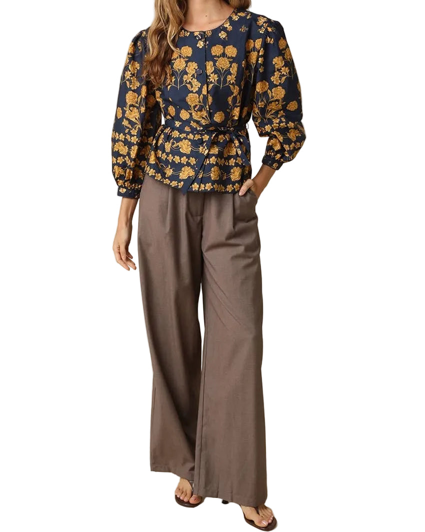 Amara Floral Tie Waist Peplum Blouse - Navy Gold