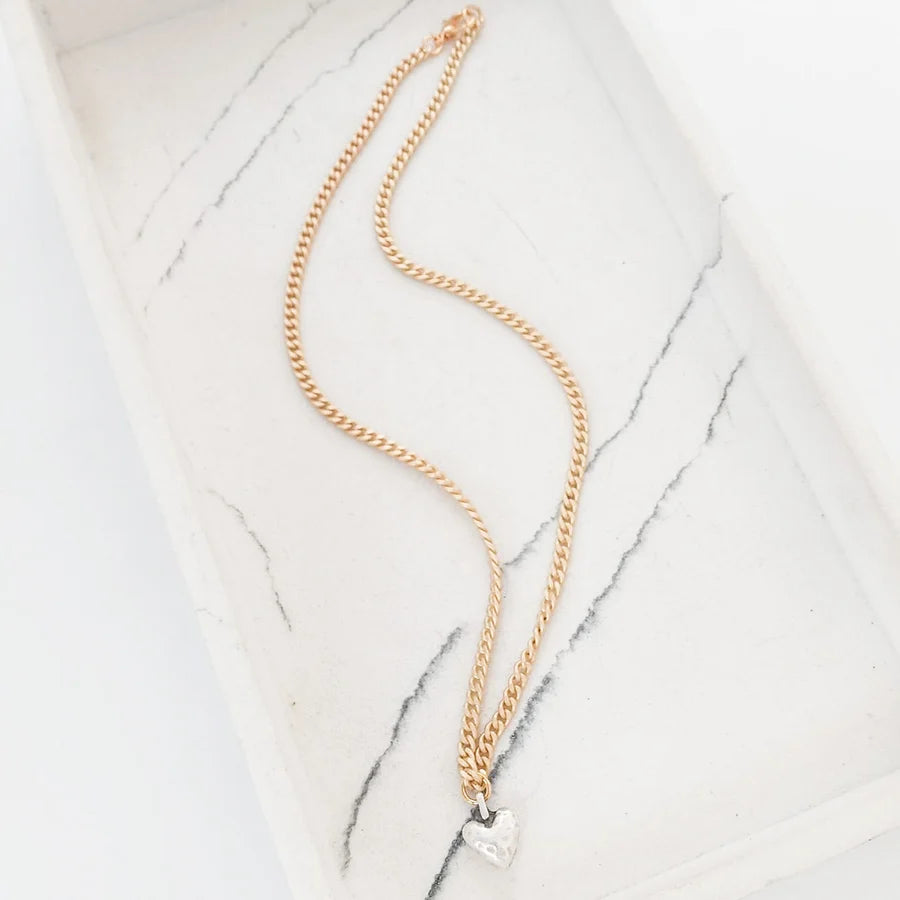 Virtue Puffy Heart On Small 16” Curb - Gold Chain/ Silver Heart