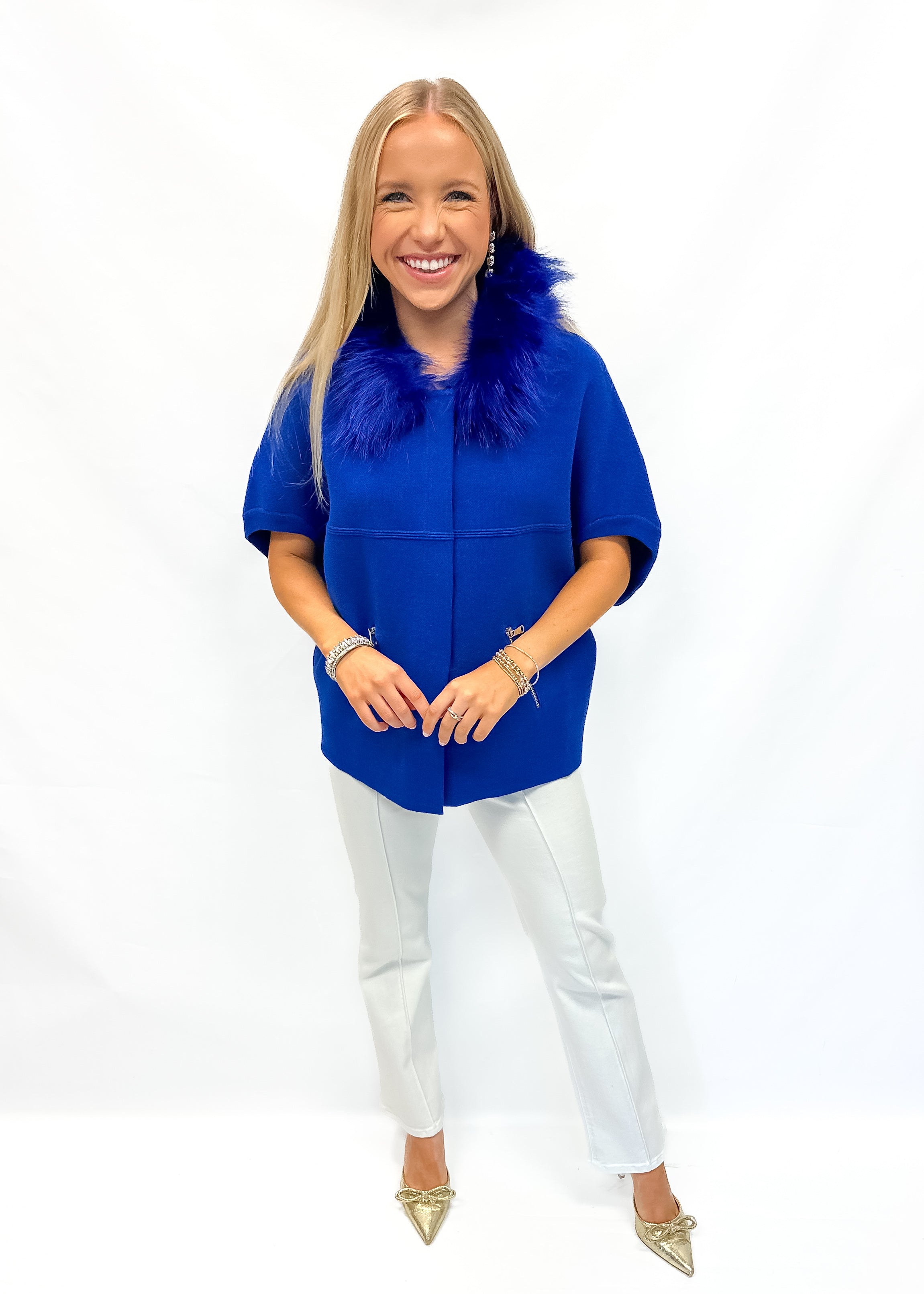 Faux Fur Trim Cardigan - Blue - Gabrielle's Biloxi