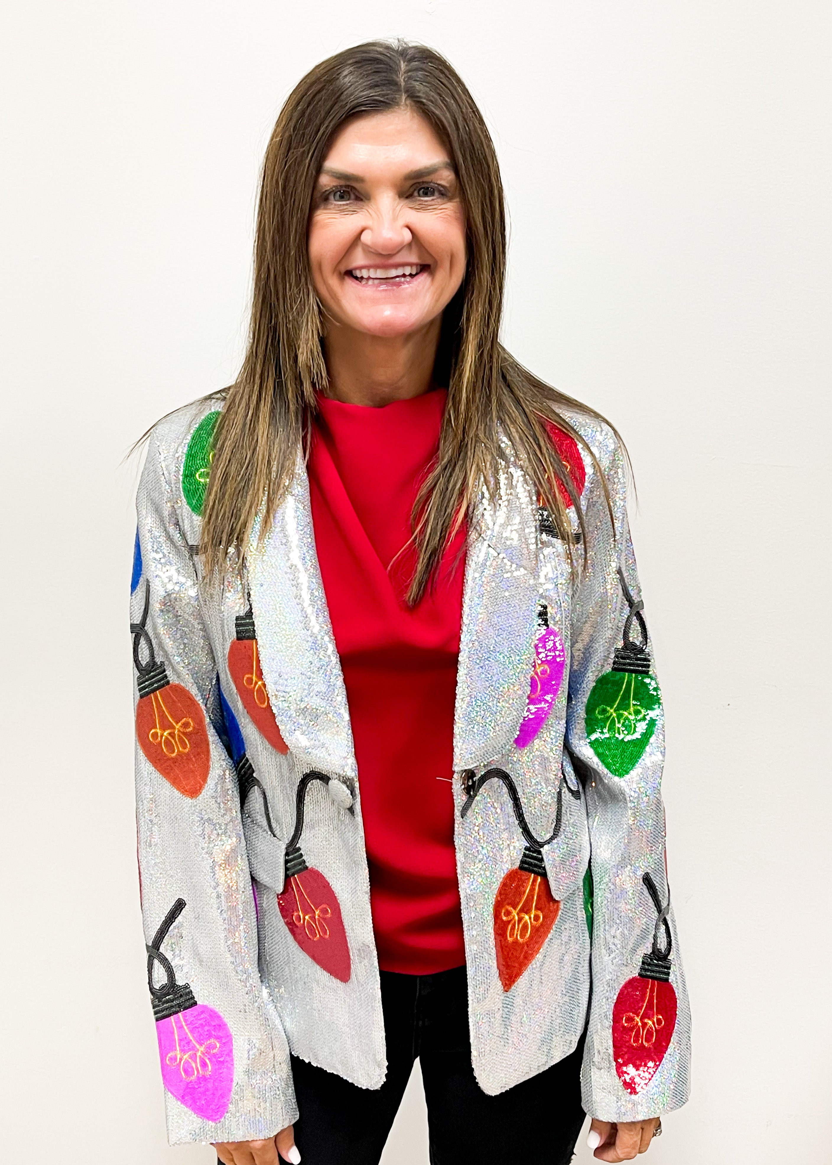 Queen of Sparkles Silver Sequin Christmas Light Blazer - Gabrielle's Biloxi