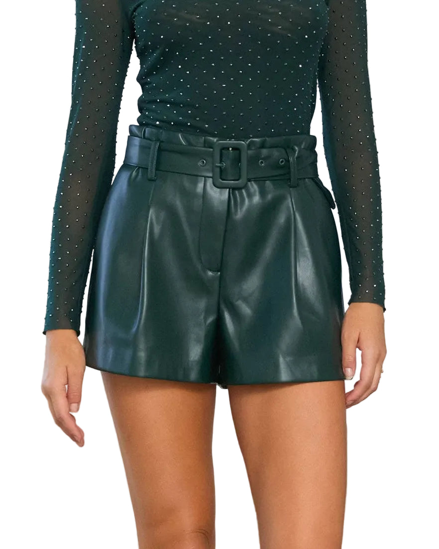 Belted Faux Leather Shorts - Hunter Green