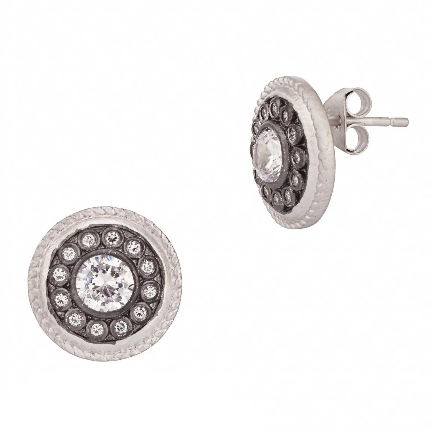 Freida Rothman Nautical Button Stud Earrings - Black & Silver