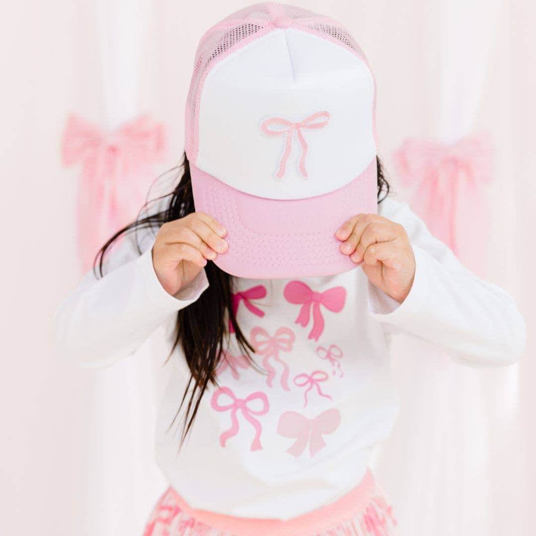 Kids Coquette Bow Patch Trucker Hat - Pink/White - Gabrielle's Biloxi