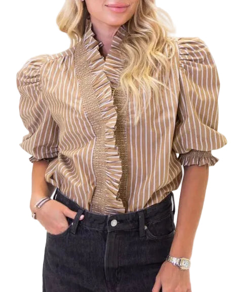 Karlie Menswear Stripe Ruffle Front Top - Tan