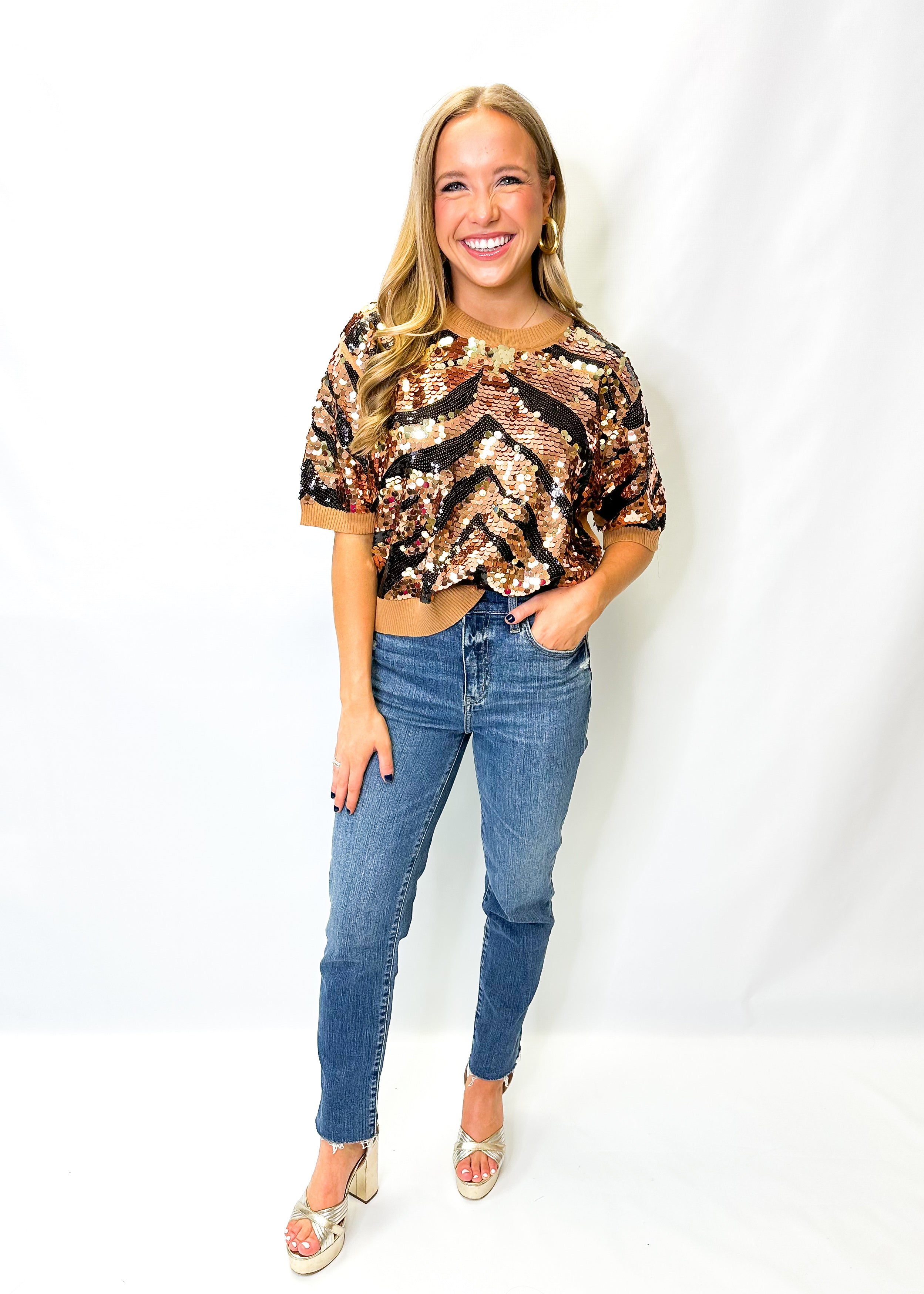 Queen of Sparkles Tan & Black Tiger Full Sequin Sweater - Gabrielle's Biloxi