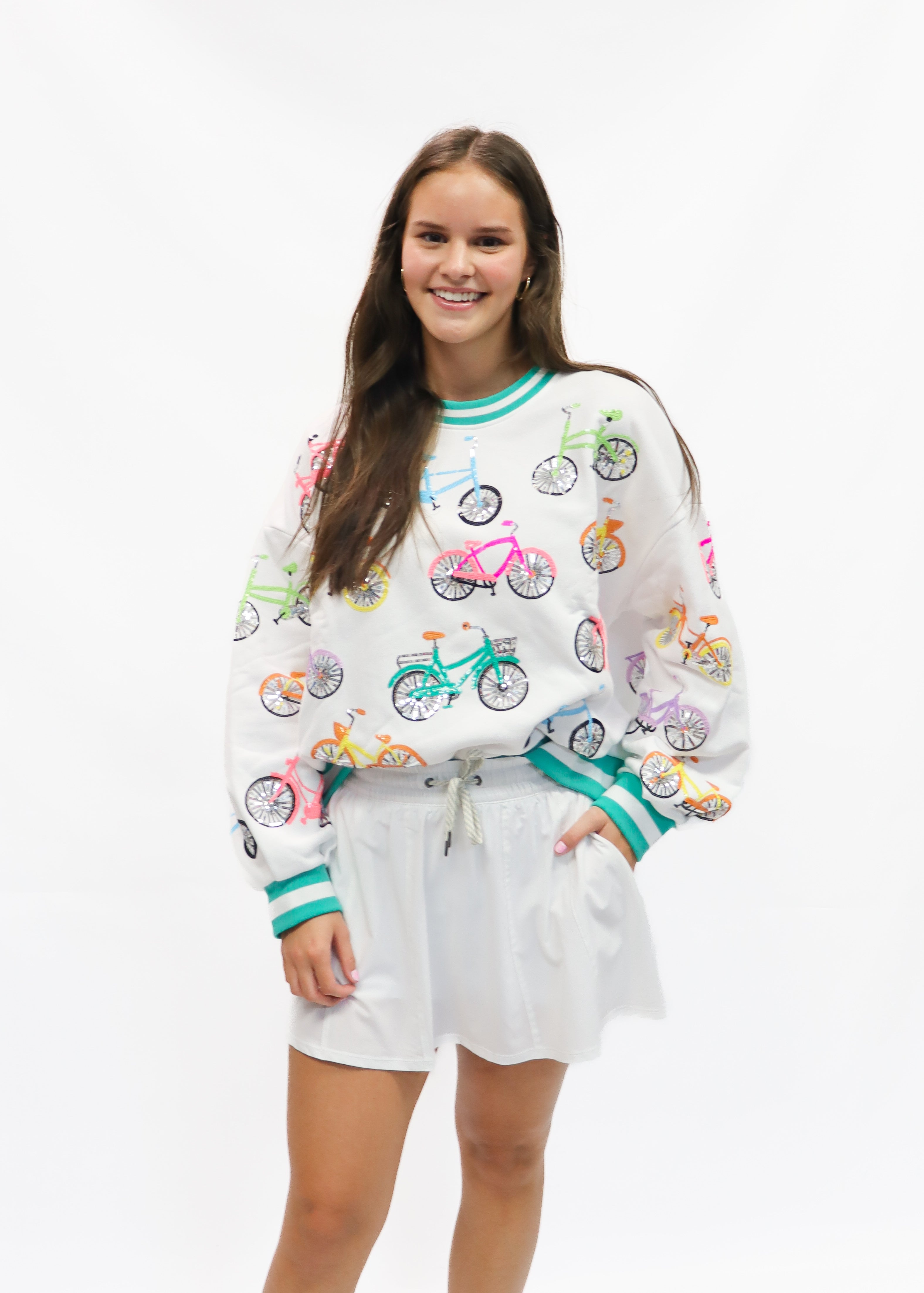 Queen of Sparkles White Bike Sweatshirt with Aqua Sport Stripe - Gabrielle's Biloxi