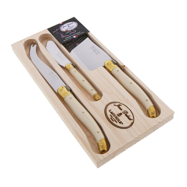 Jean Dubost 3 Piece Cheese Set in Ivory and Brass w/ Cleaver - Gabrielle's Biloxi