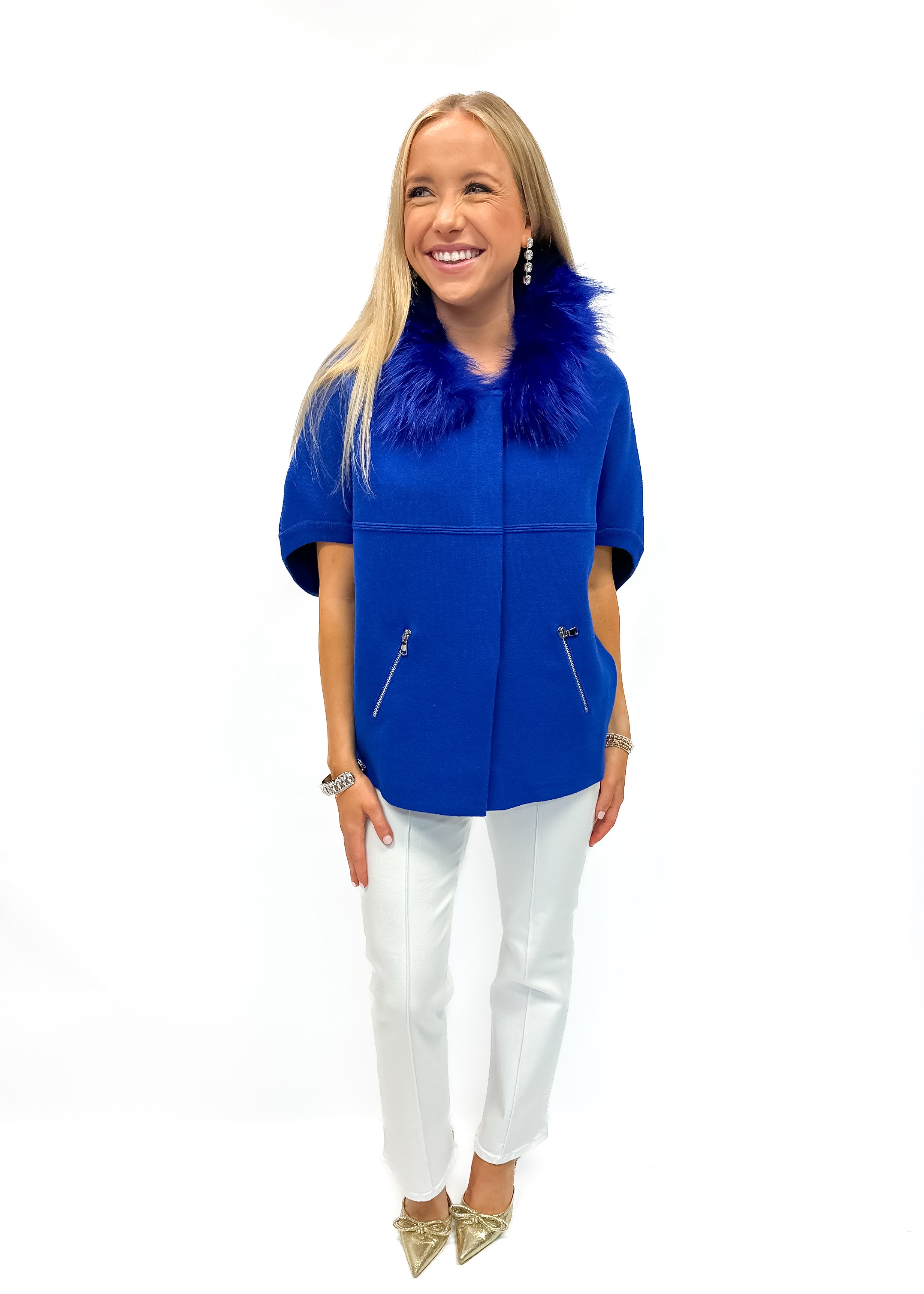 Faux Fur Trim Cardigan - Blue - Gabrielle's Biloxi