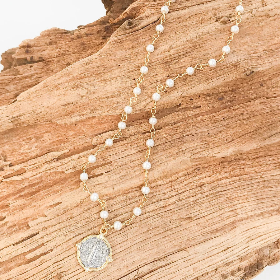 Virtue St Ben on 16" Pearl Rosary