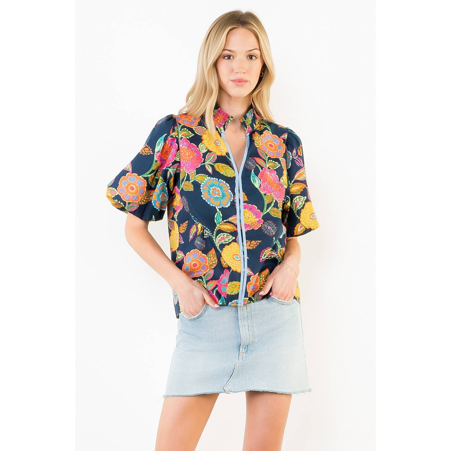 Puff Sleeve Floral Pattern V-Neck Top - Gabrielle's Biloxi