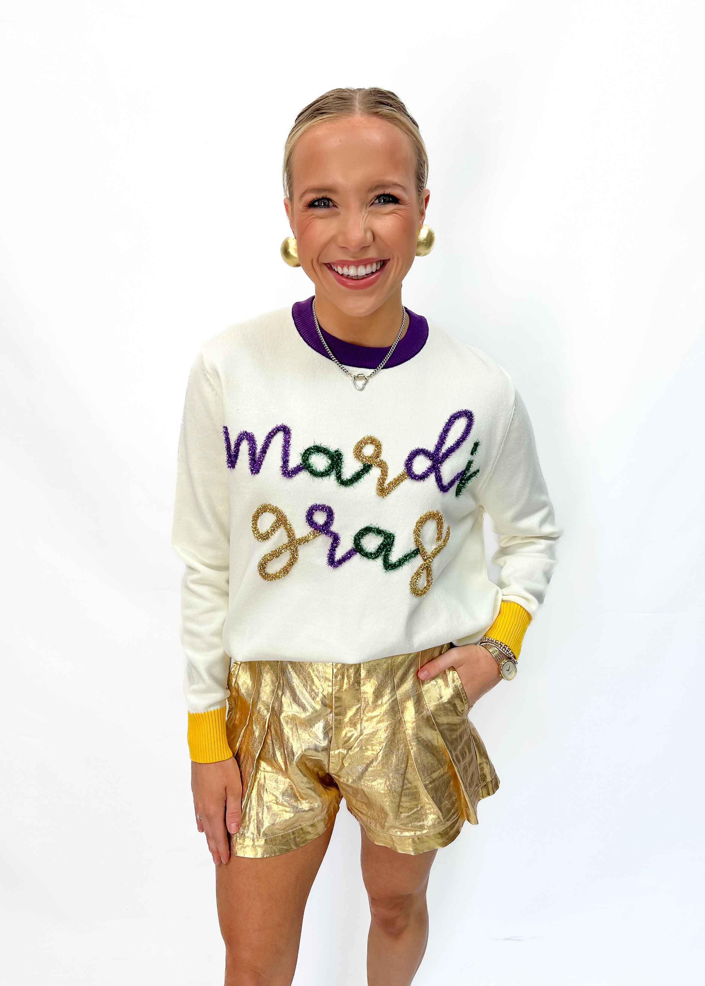 Queen of Sparkles Mardi Gras Glitter Script Sweater - Gabrielle's Biloxi