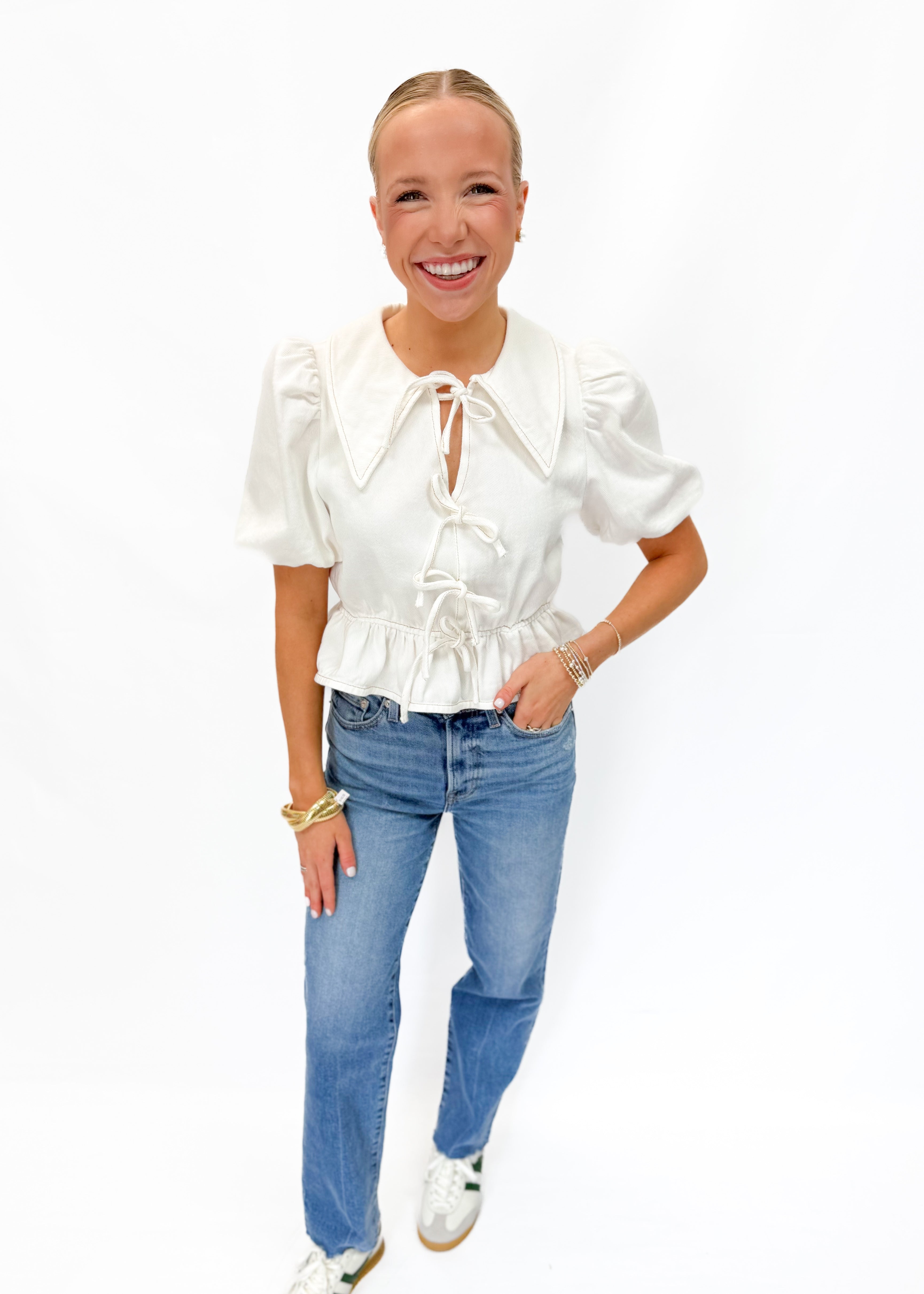 LBLOX Denim Puffed Sleeve Collared Blouse - White - Gabrielle's Biloxi