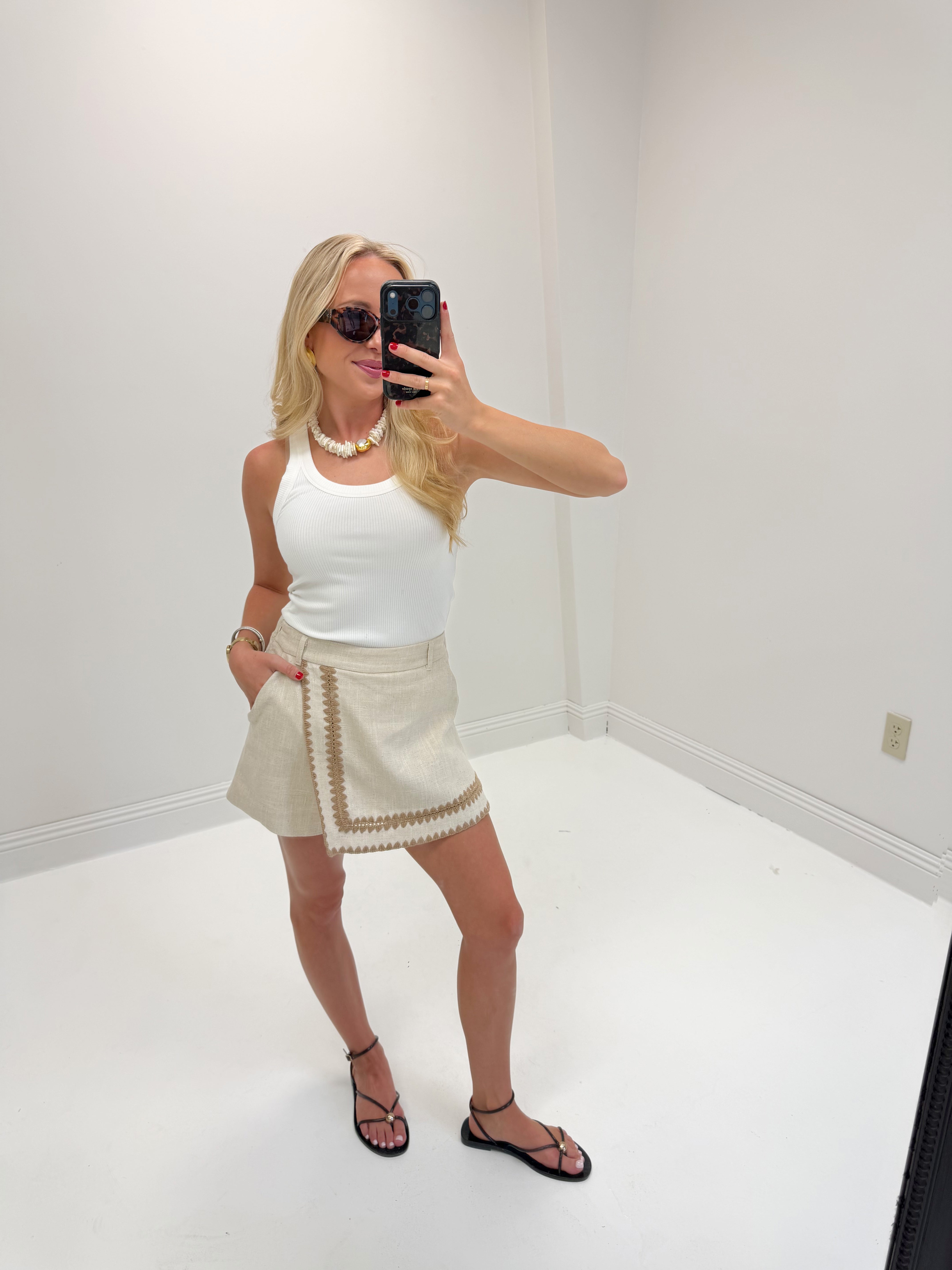 Crochet Embroidery Linen Wrap Skort - Taupe
