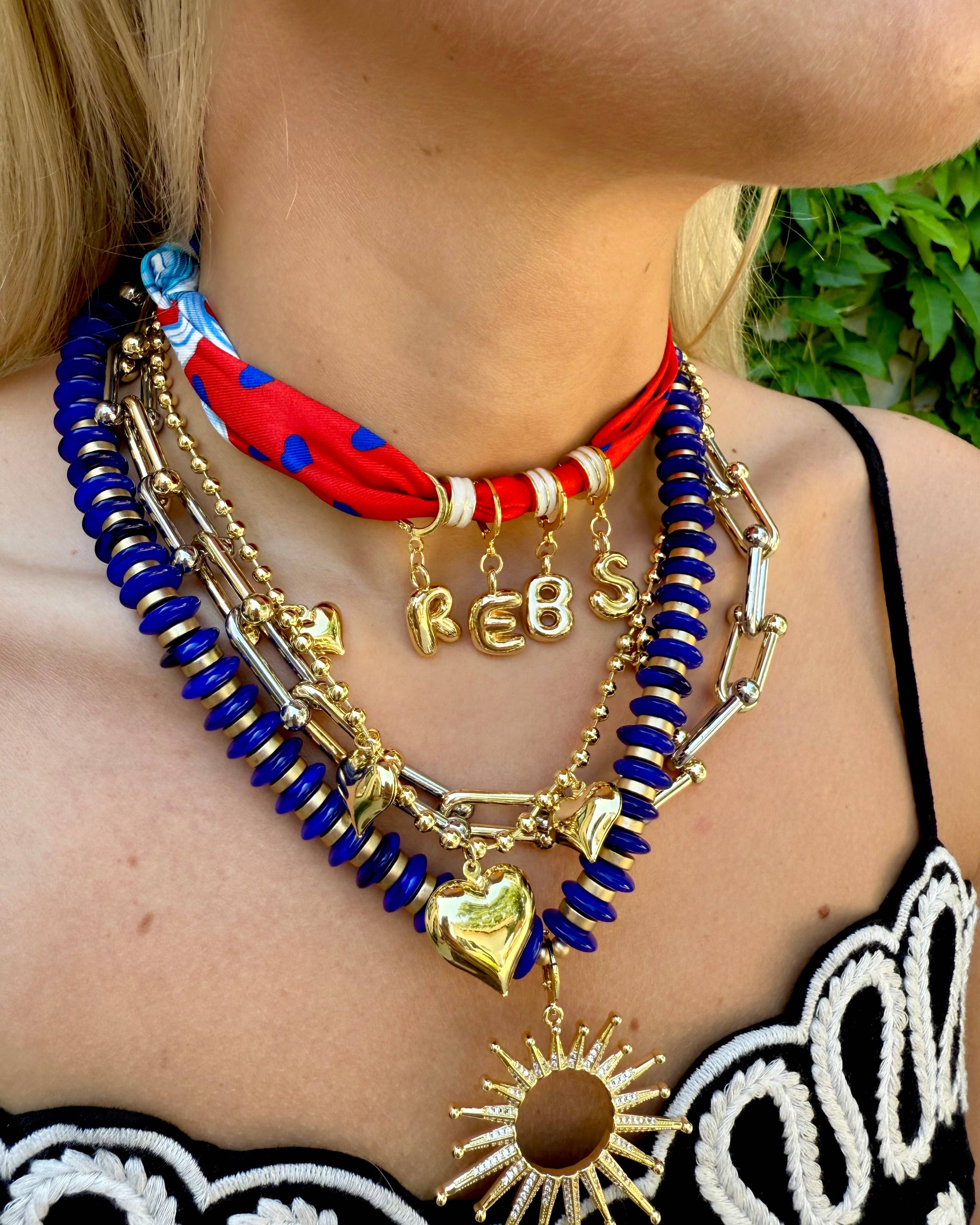 Red and Blue Bubble Letter Scarf Necklace
