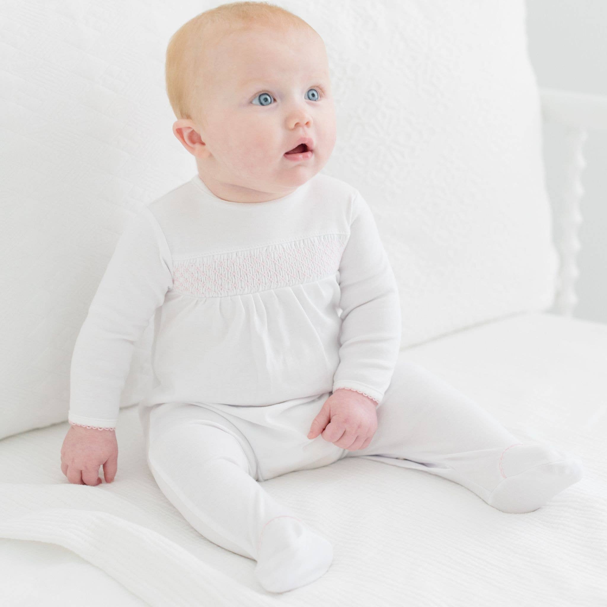 Essentials White with Pink Trim Smocked Footie - Gabrielle's Biloxi