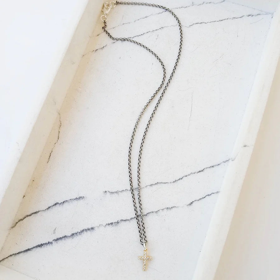 Virtue Small Rolo w/ Petite Pave Cross - Sliver Chain/ Gold Cross