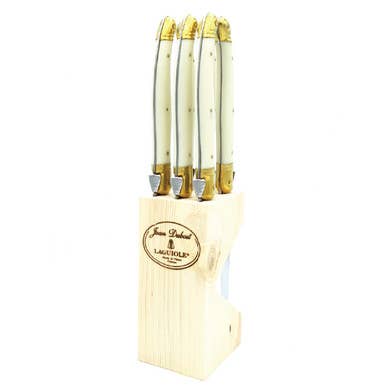 Jean Dubost 6 Steak Knives Ivory in Wooden Block - Gabrielle's Biloxi