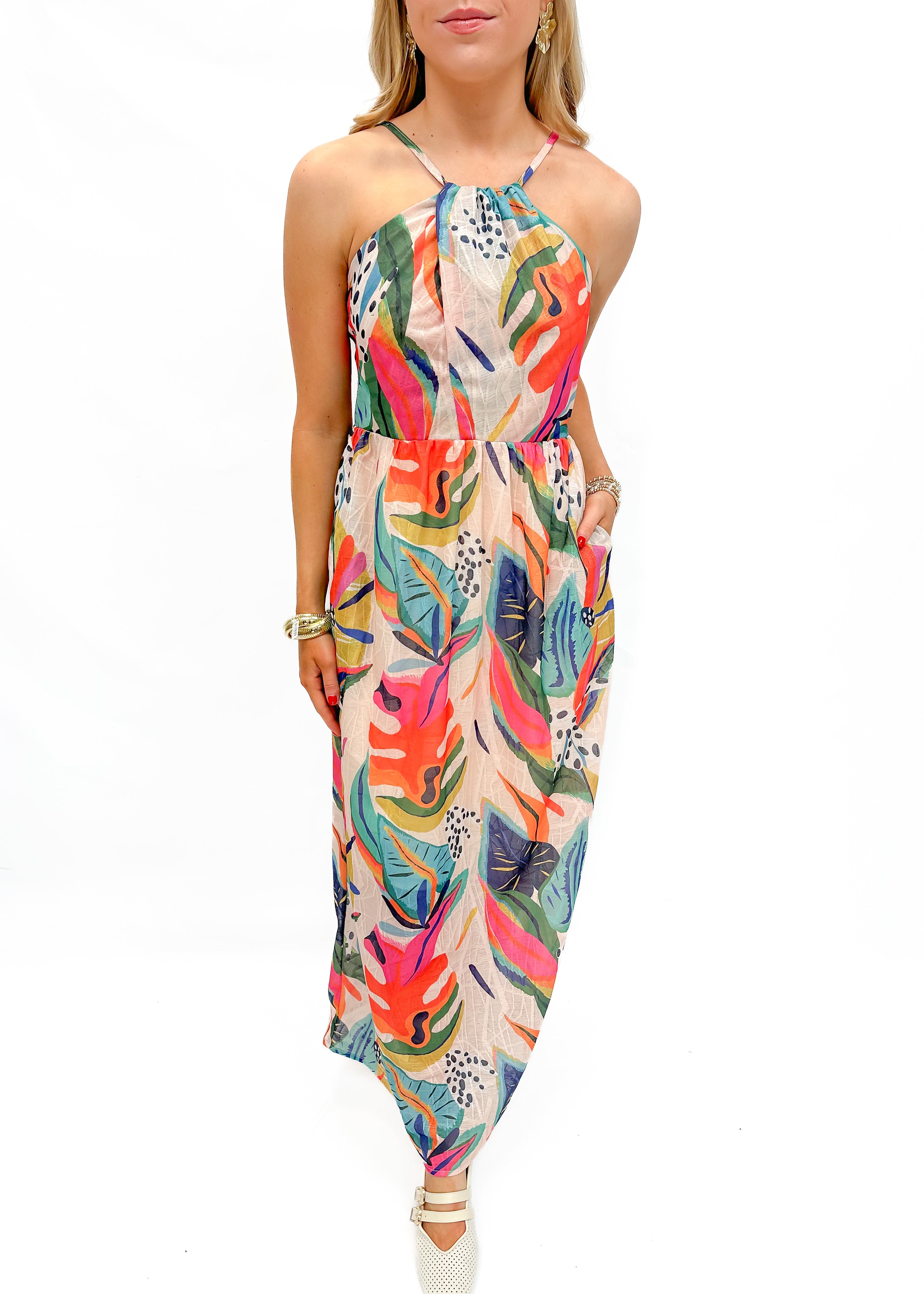 Front Cross Halter Maxi - Tropical Foliage - Gabrielle's Biloxi