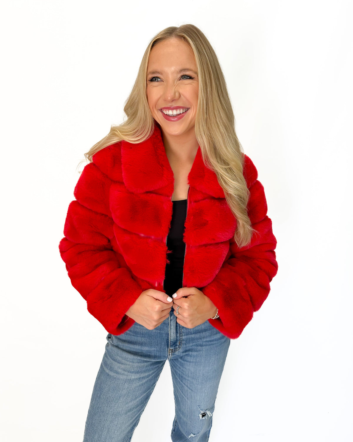 Dolce Cabo Faux Fur Cropped Jacket - Red - Gabrielle's Biloxi