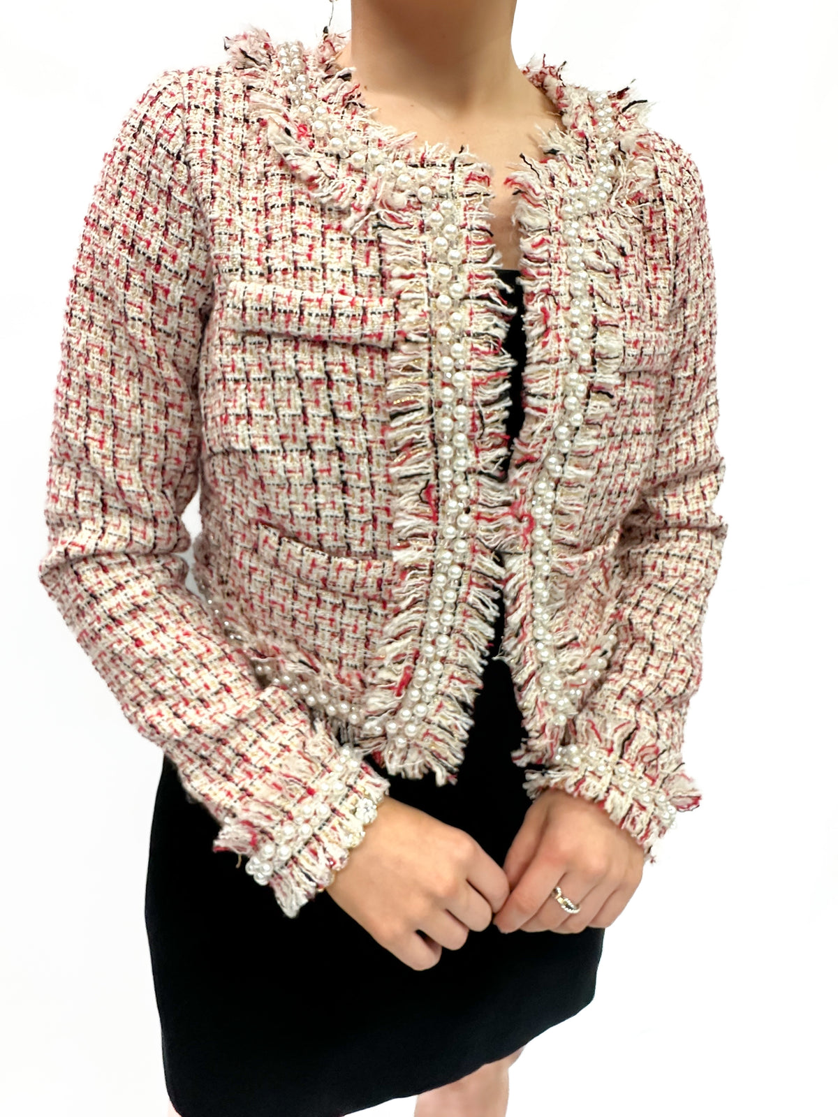Mac Duggal Pearl Trim Long Sleeve Cropped Jacket - Cherry - Gabrielle's Biloxi