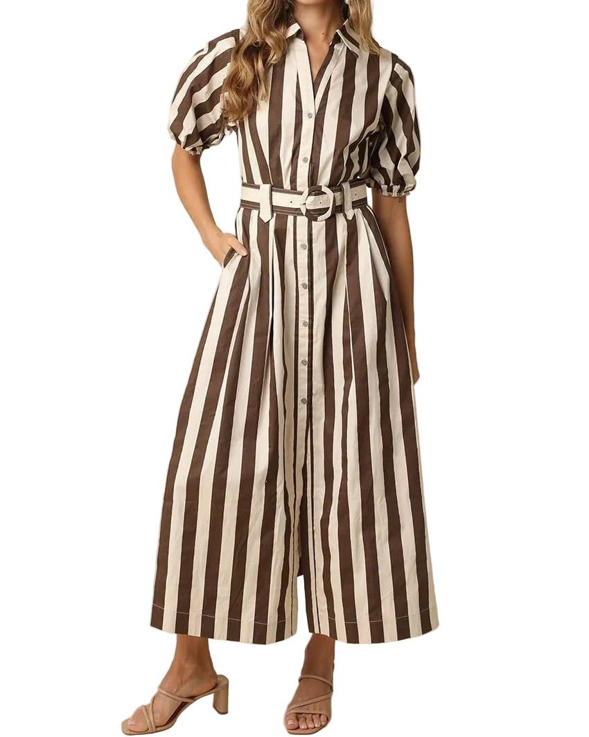 Cora Belted Stripe Maxi Dress - Brown