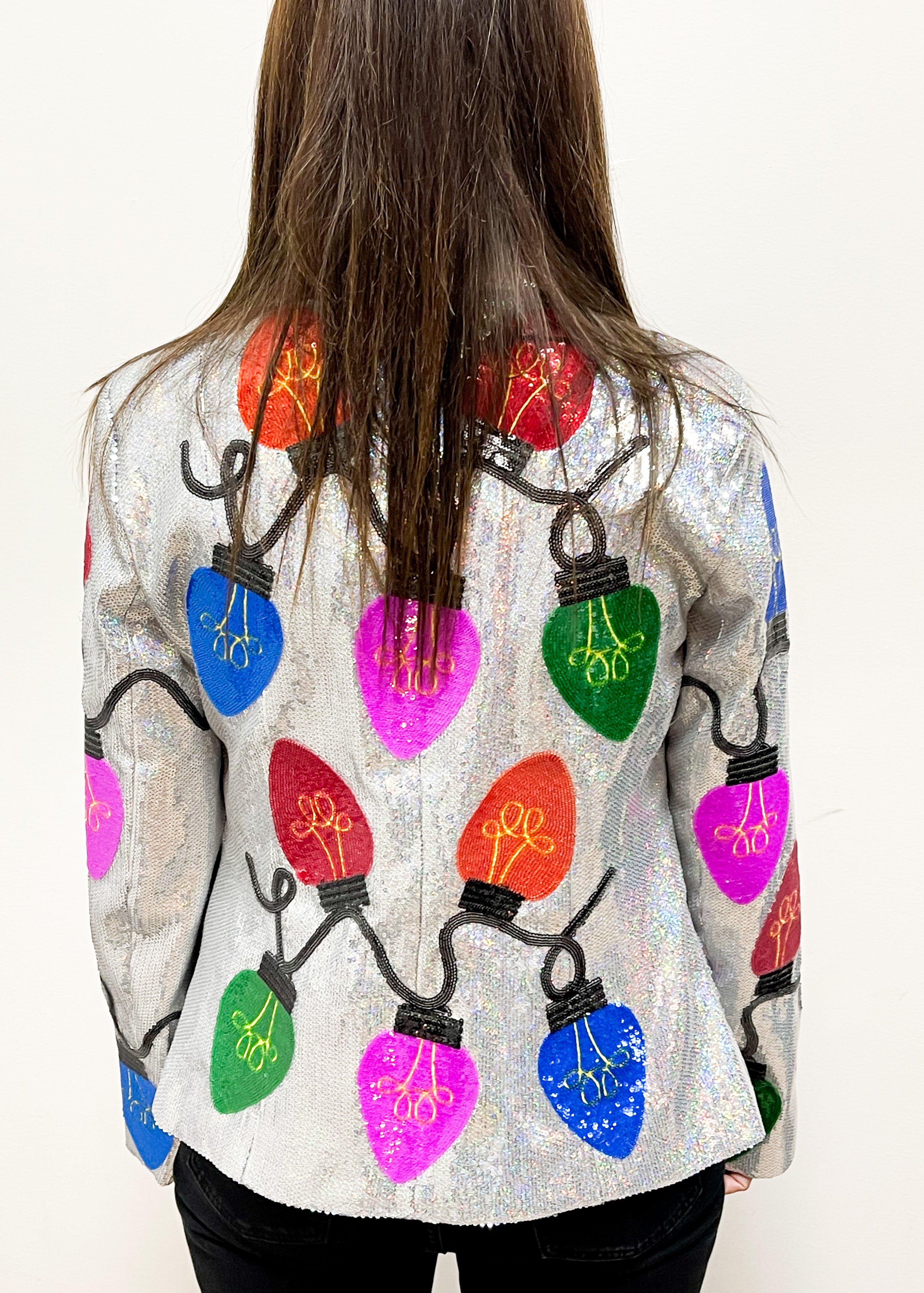Queen of Sparkles Silver Sequin Christmas Light Blazer - Gabrielle's Biloxi