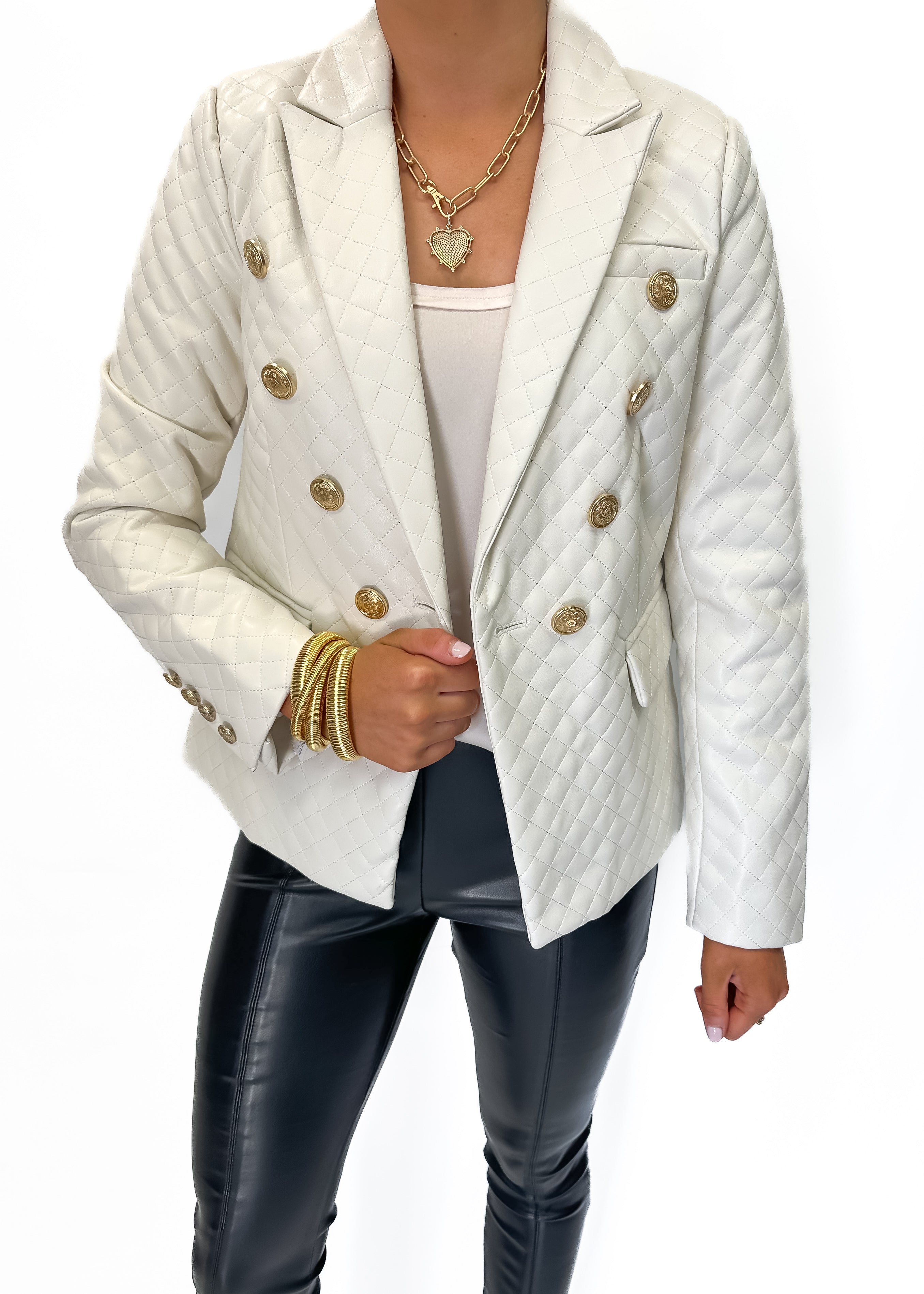 Faux Leather Quilted Blazer - Ivory - Gabrielle's Biloxi