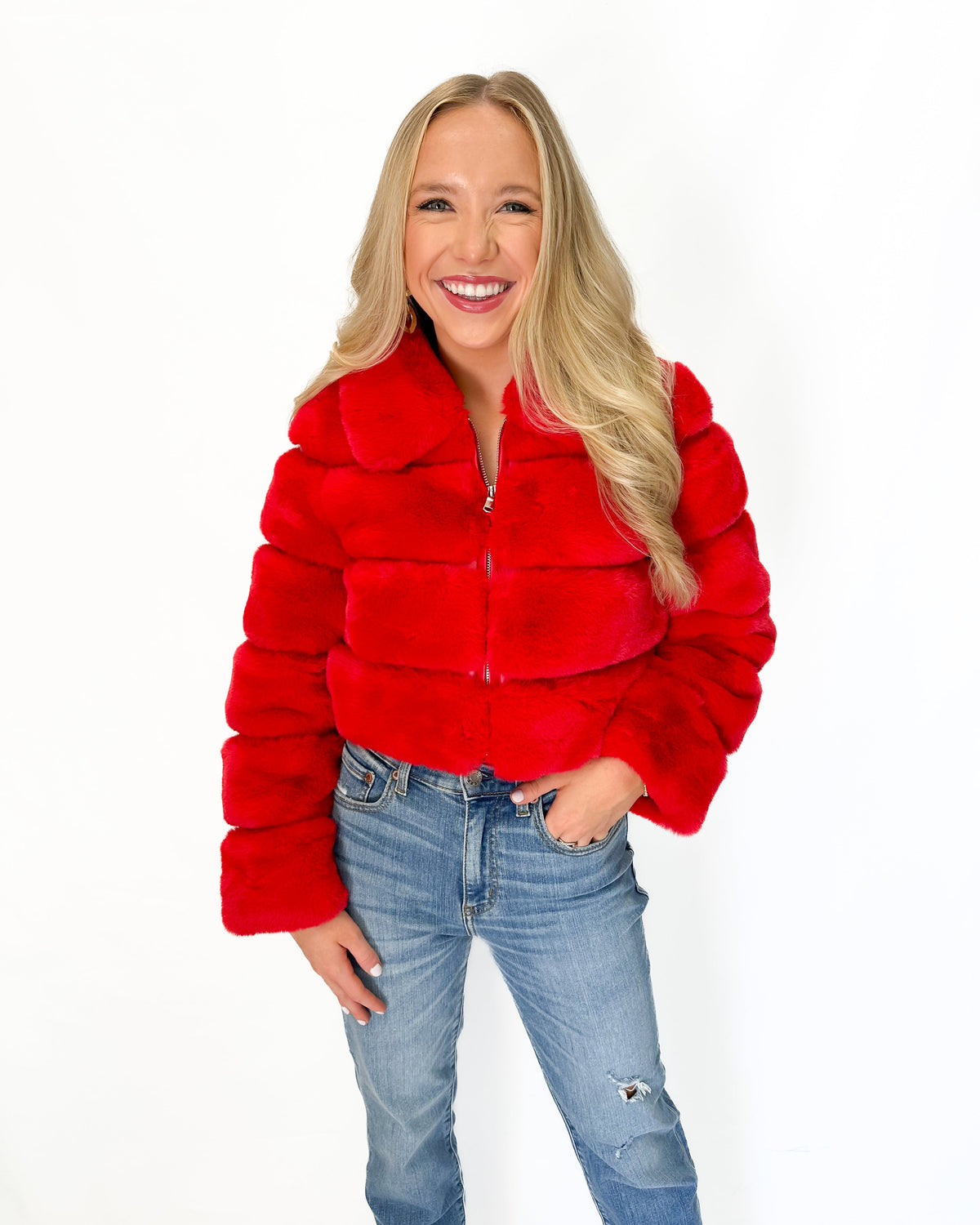 Dolce Cabo Faux Fur Cropped Jacket - Red - Gabrielle's Biloxi
