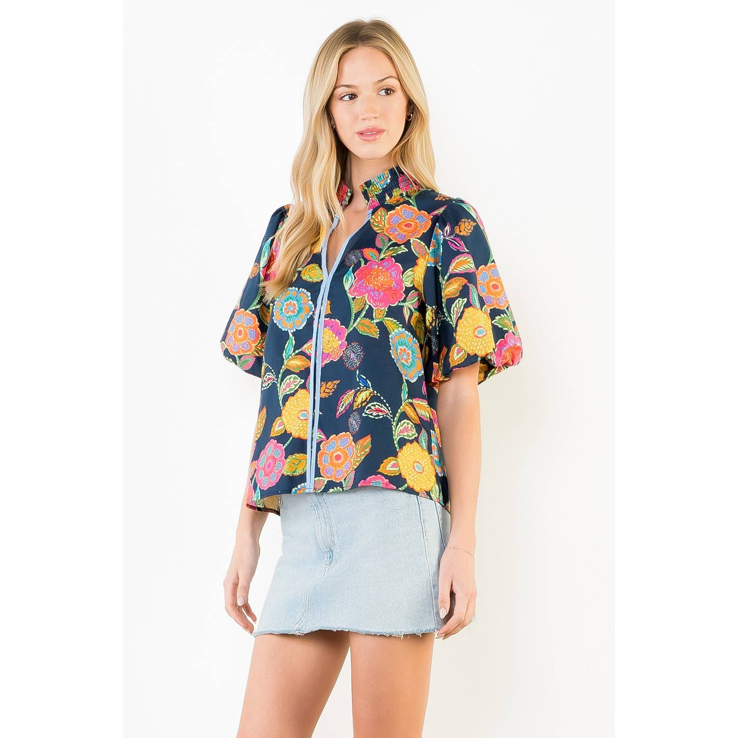 Puff Sleeve Floral Pattern V-Neck Top - Gabrielle's Biloxi
