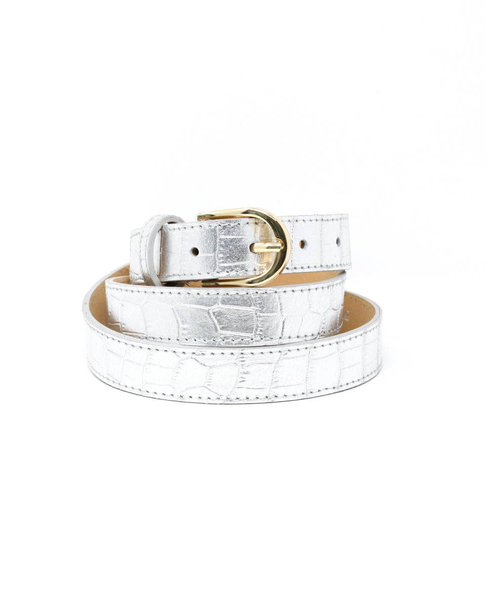 German Fuentes Adjustable Leather Croc Belt - Silver
