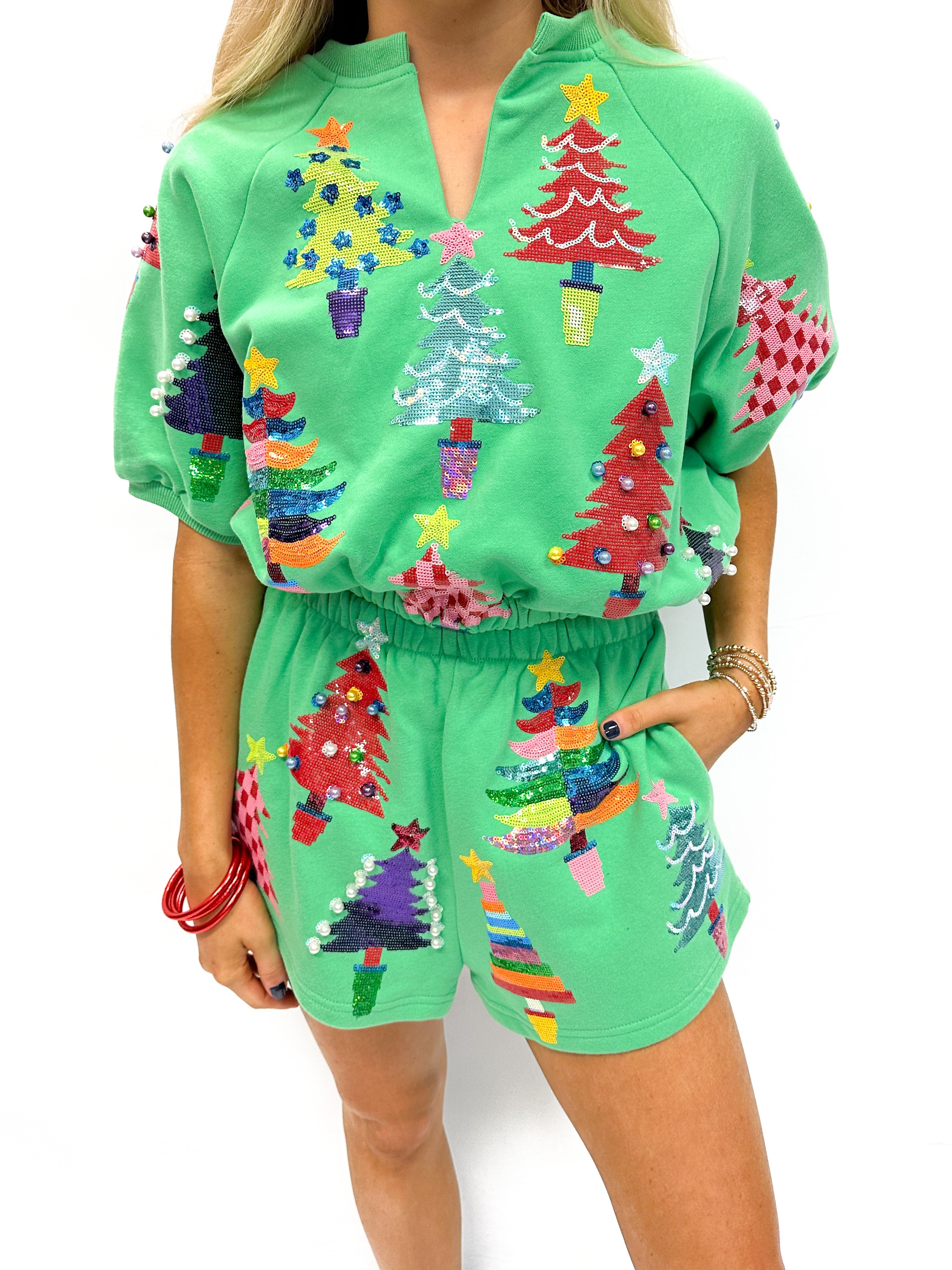 Queen of Sparkles Green Colorblock Trees Shorts - Green - Gabrielle's Biloxi
