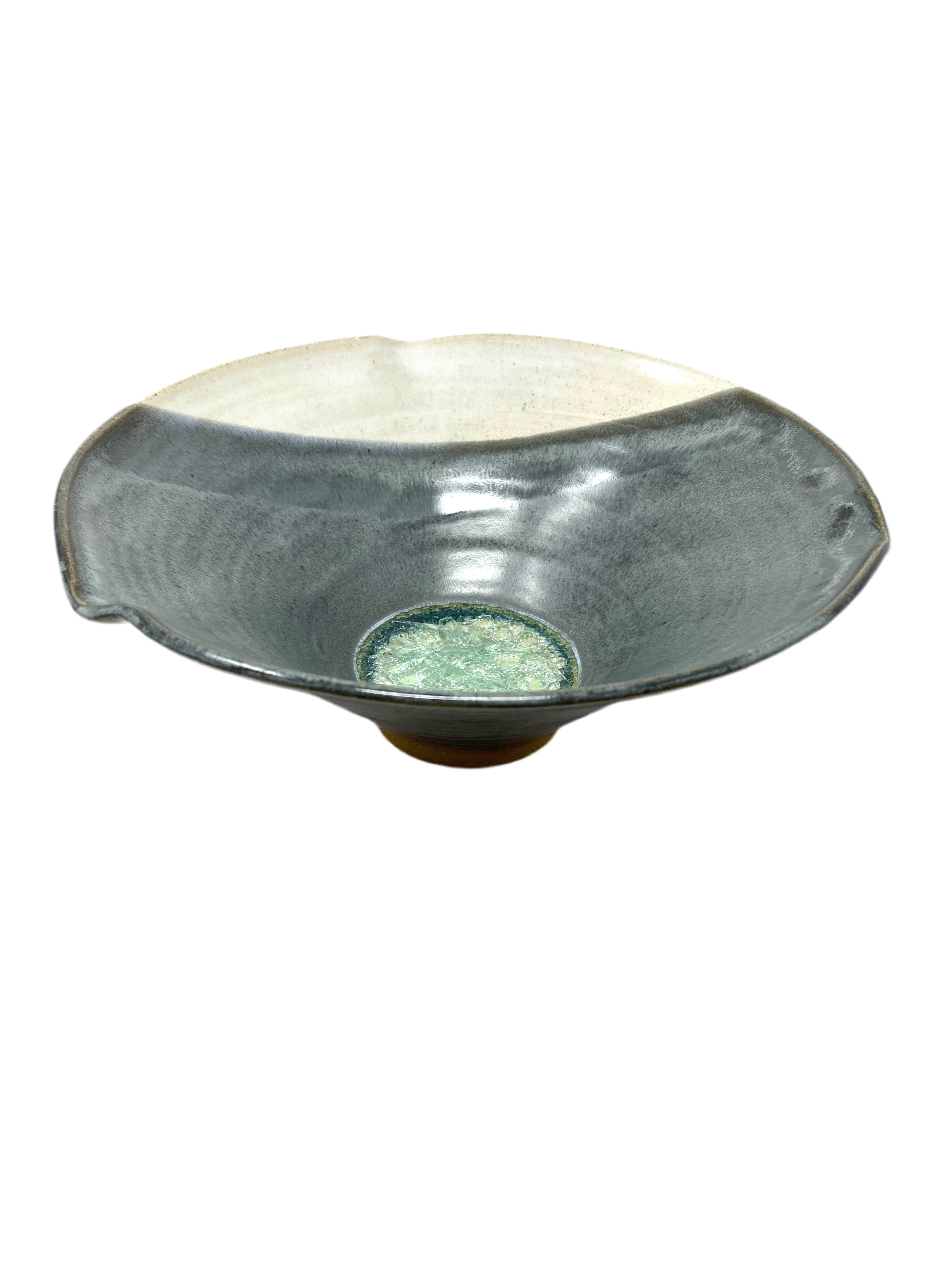 Dock 6 Pottery Large 3 Pinch Rim Bowl with Fused Glass - Grey & White - Gabrielle's Biloxi