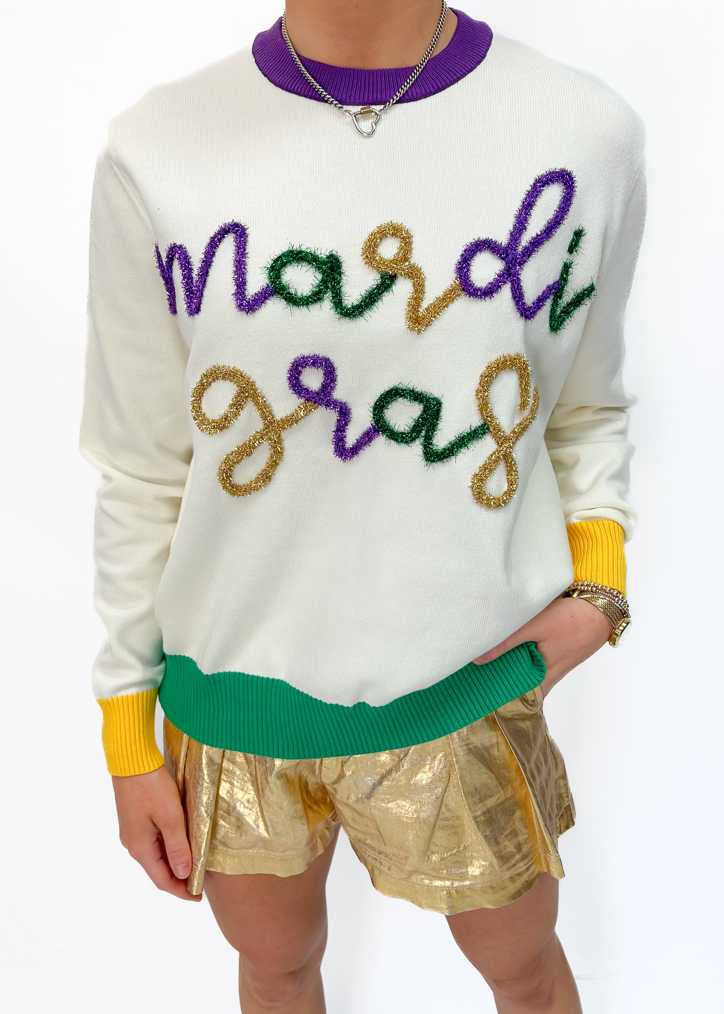 Queen of Sparkles Mardi Gras Glitter Script Sweater - Gabrielle's Biloxi