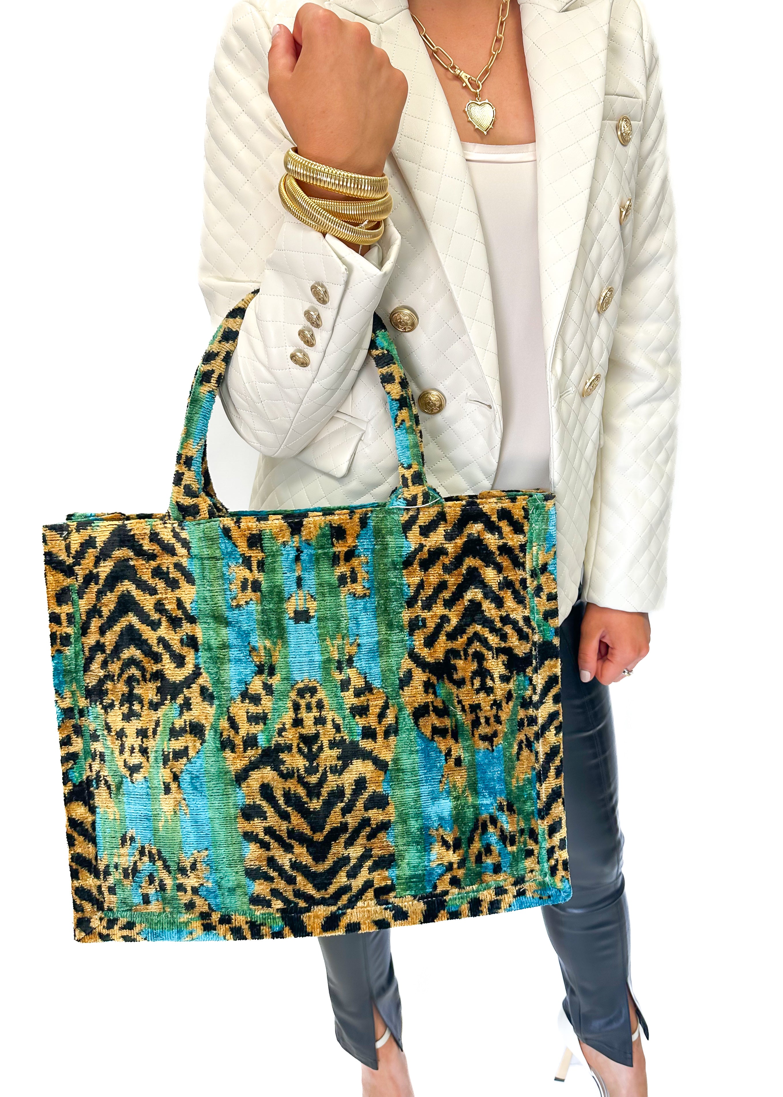 Wolf & Willa Large Tote Ikat Handle - Big Cat Blue - Gabrielle's Biloxi