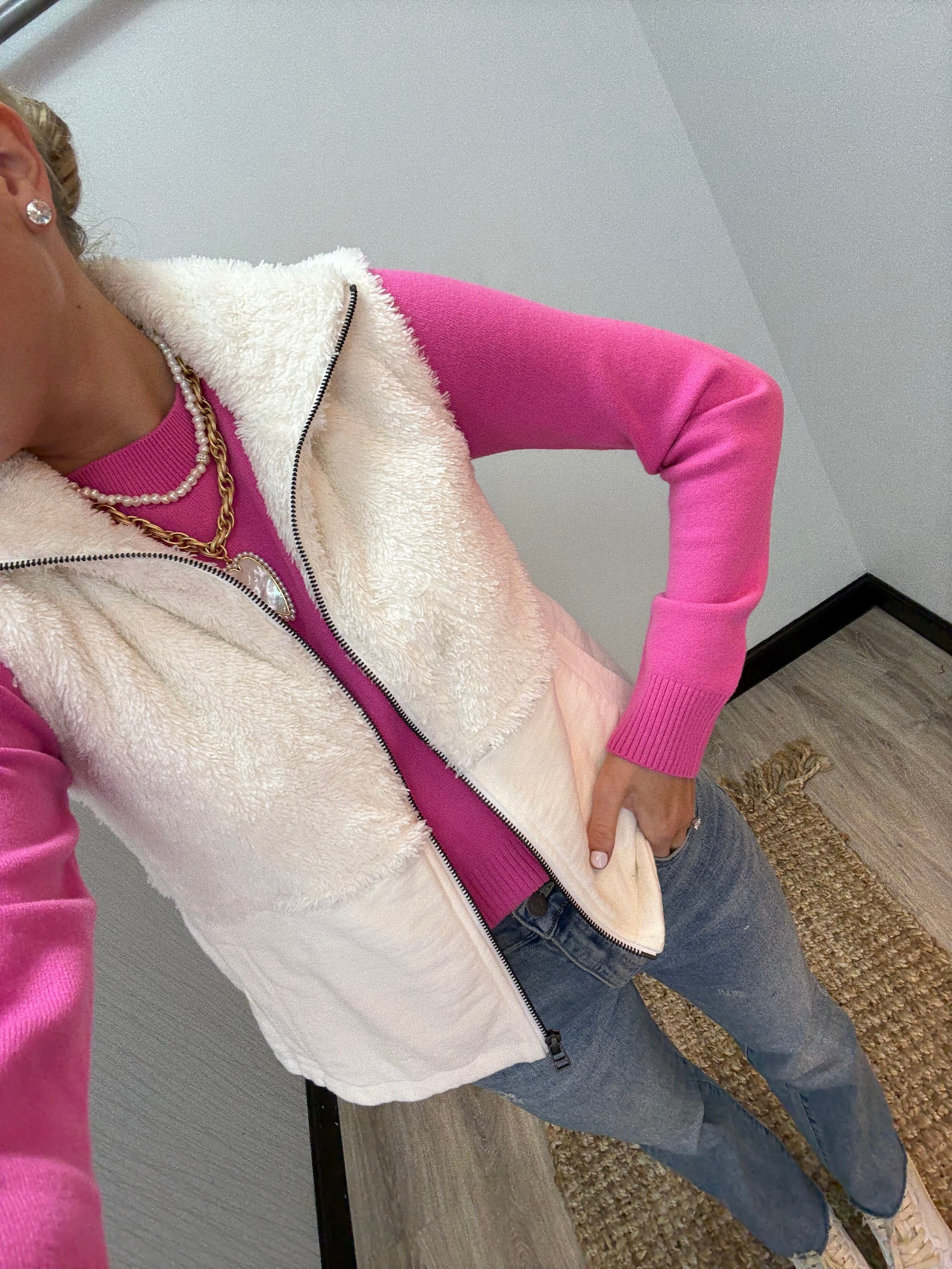 Bobi Mixed Zip Up Vest - Soft White - Gabrielle's Biloxi