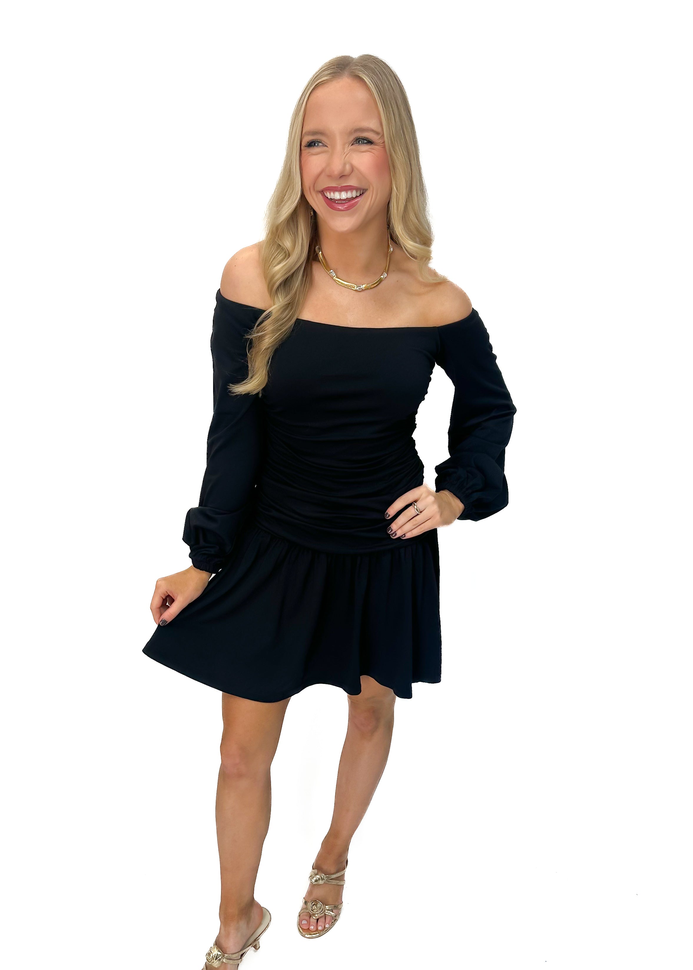 Susana Monaco Off Shoulder Poet Low Waist Dress - Black - Gabrielle's Biloxi