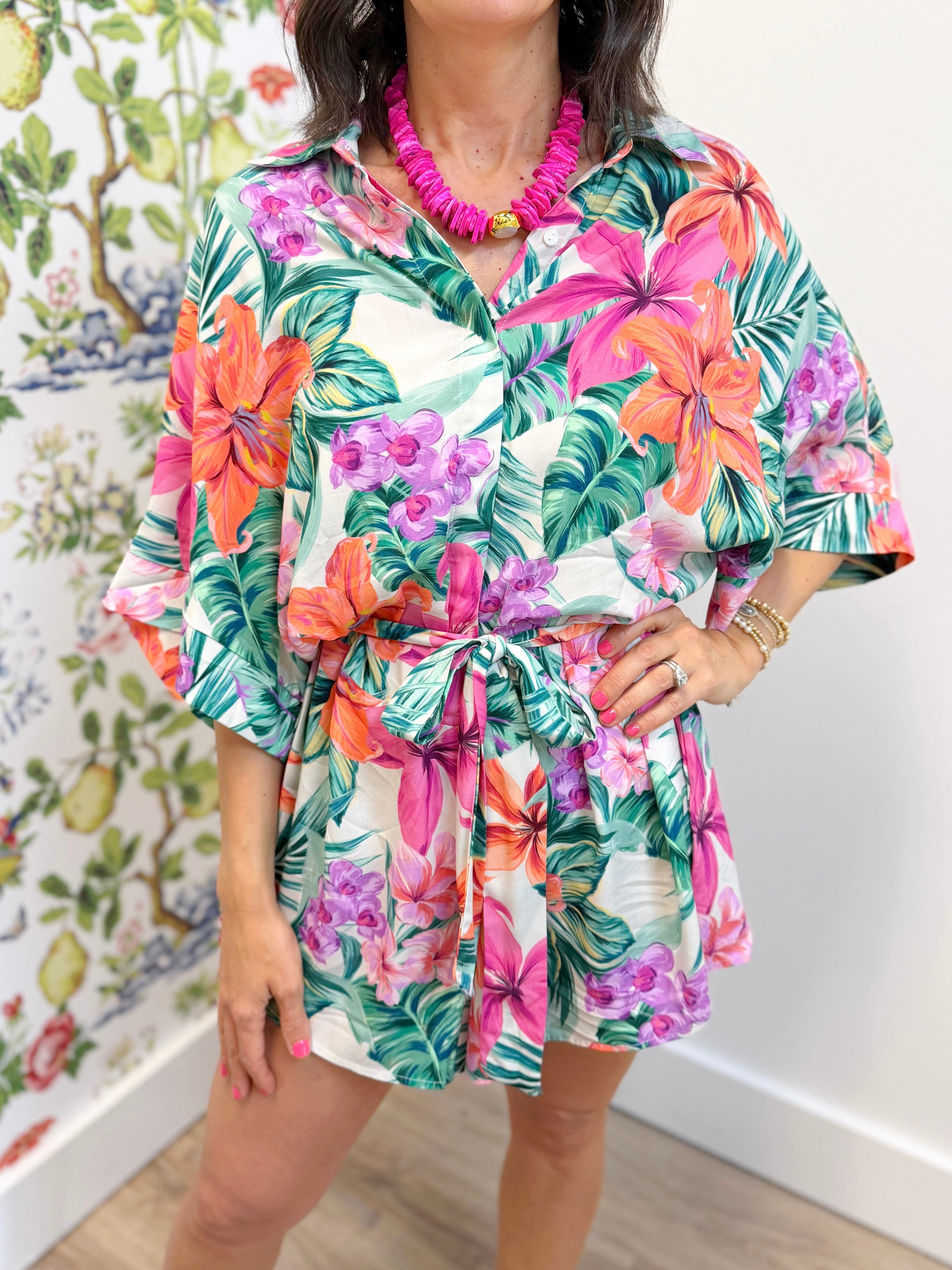 Bettina Floral Tie-waist Romper - Pink Green