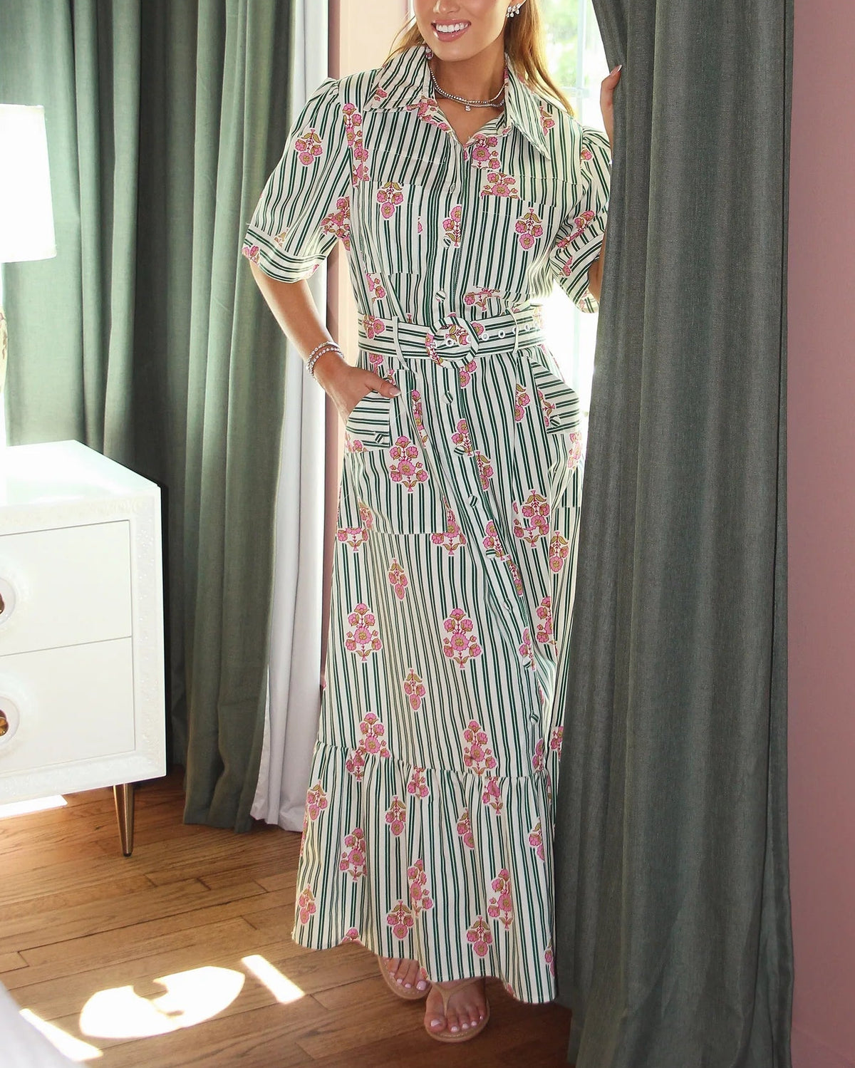Karlie Stripe Floral Belt Maxi Dress